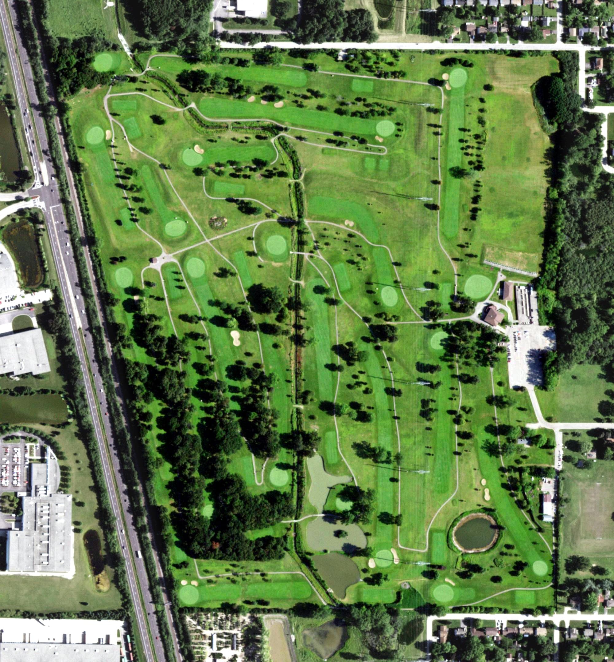 Aerial view of Foss Park Golf Course, IL, with its hole routing marked