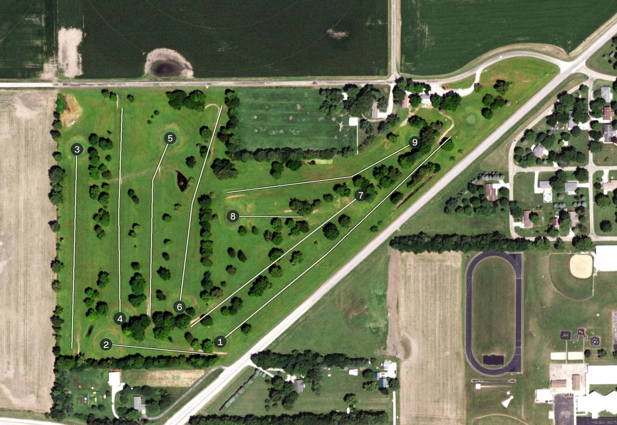 Aerial view of Four Willows Golf Course, IL, with its hole routing marked
