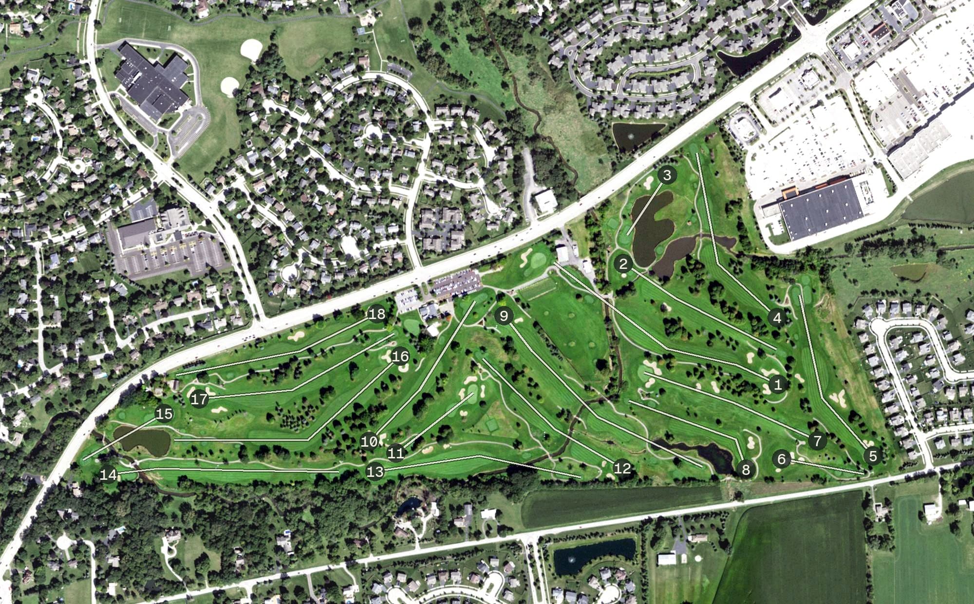 Aerial view of Fox Bend Golf Course, IL, with its hole routing marked