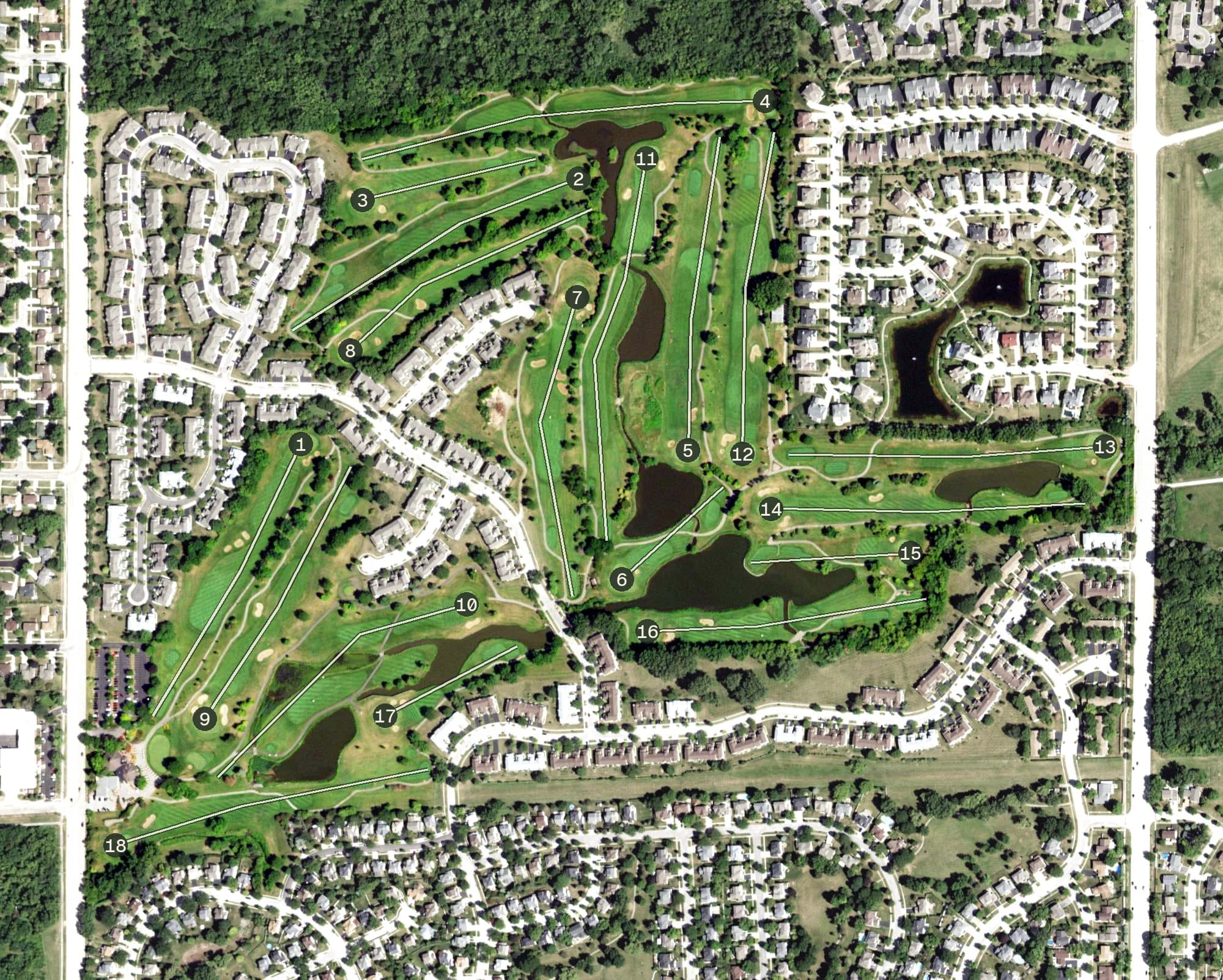Aerial view of Fox Run Golf Links, IL, with its hole routing marked