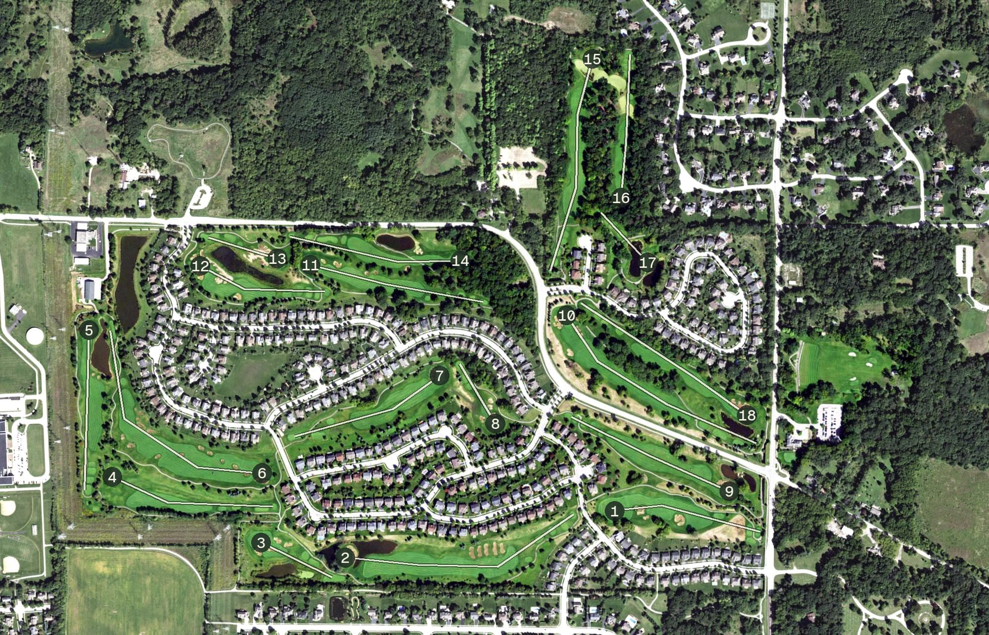 Aerial view of Foxford Hills Golf Course, IL, with its hole routing marked