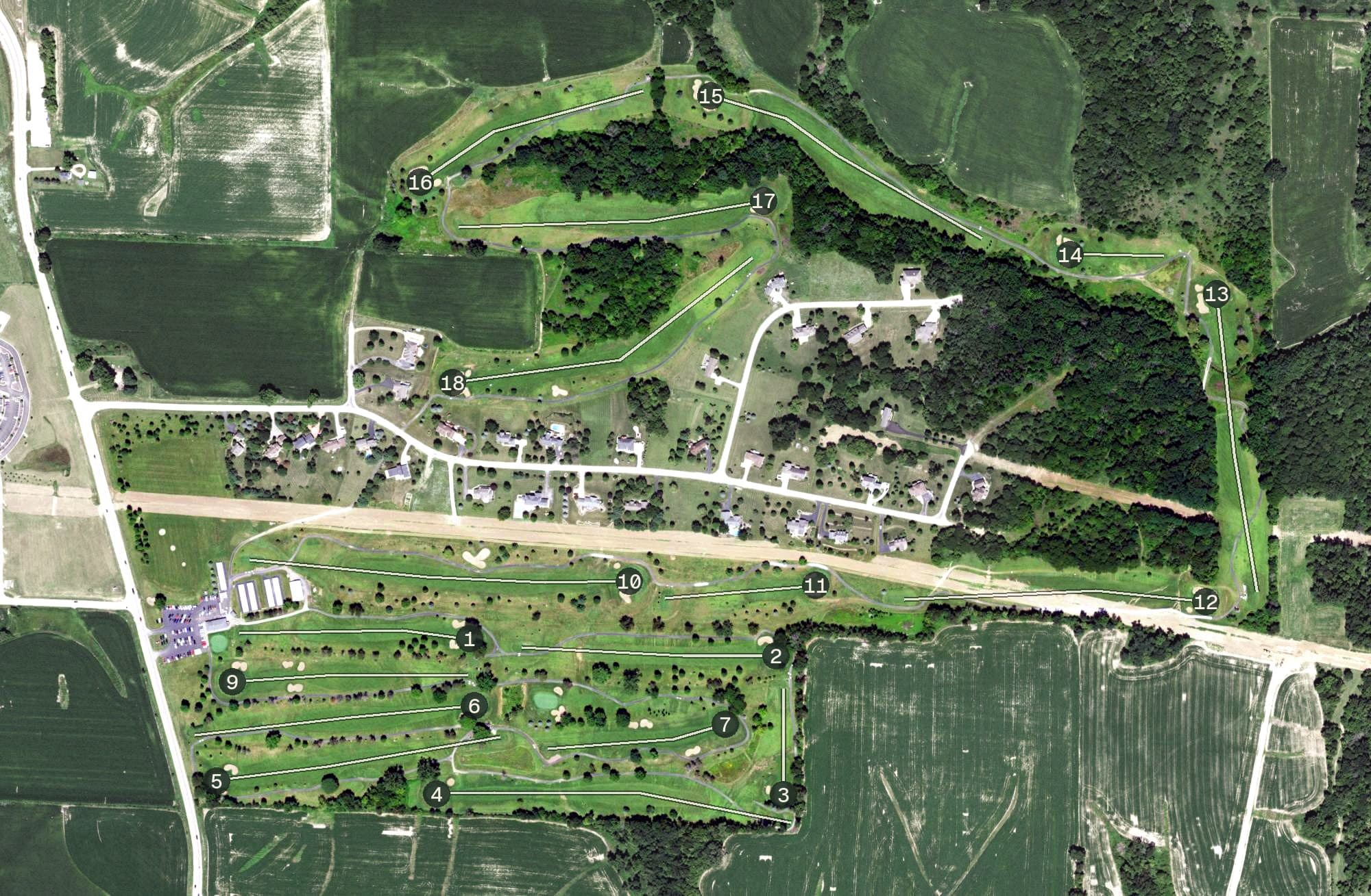 Aerial view of Galena Golf Club, IL, with its hole routing marked