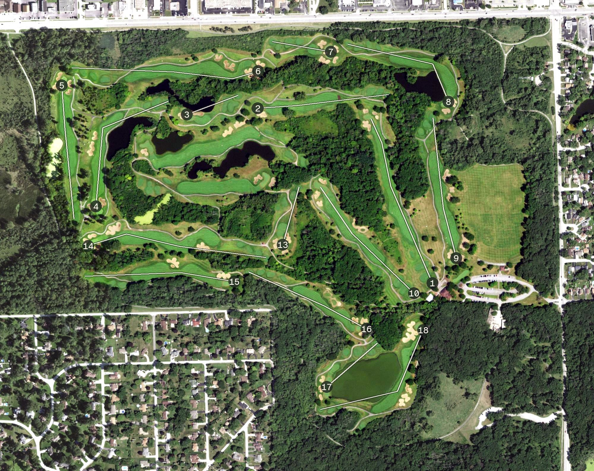 Aerial view of George W. Dunne National Golf Course, IL, with its hole routing marked