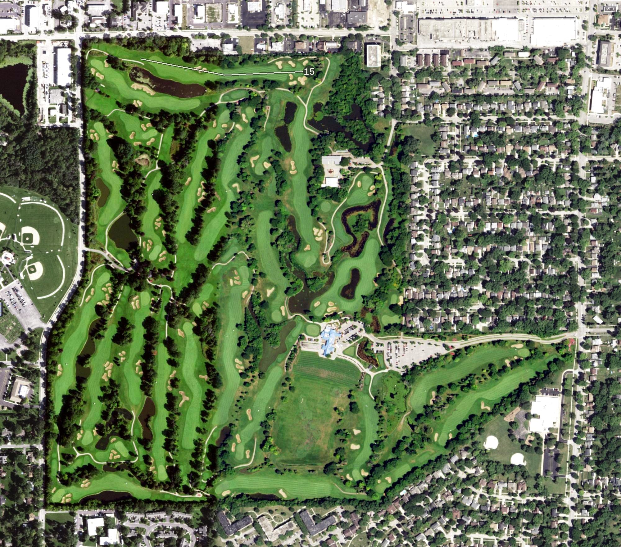 Aerial view of Glen Ellyn Village Links Golf Course, IL, with its hole routing marked