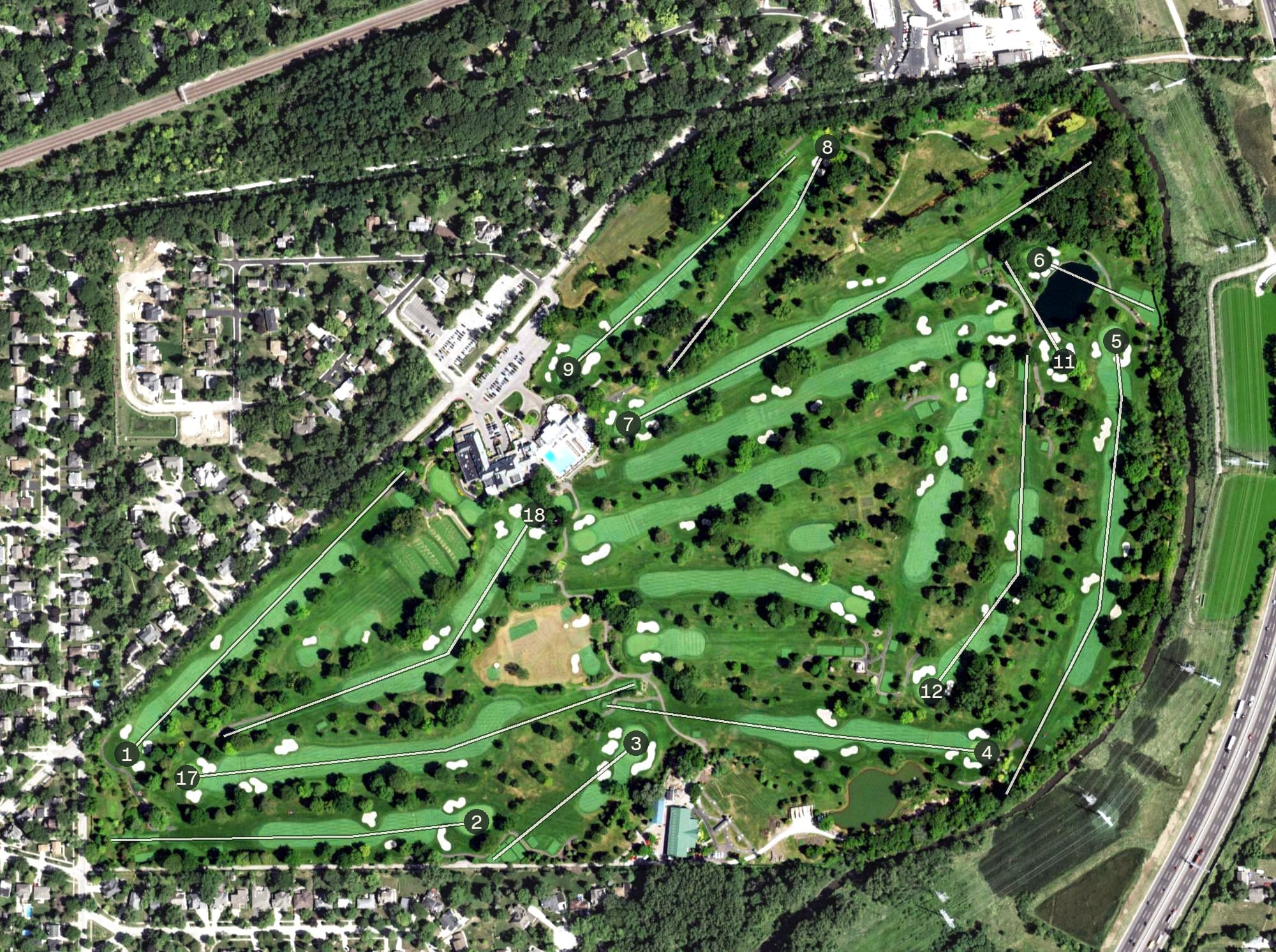 Aerial view of Glen Oak Country Club, IL, with its hole routing marked