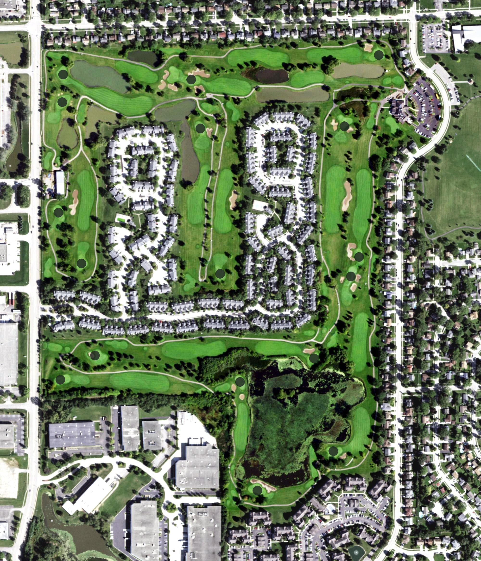 Aerial view of Glendale Lakes Golf Course, IL, with its hole routing marked
