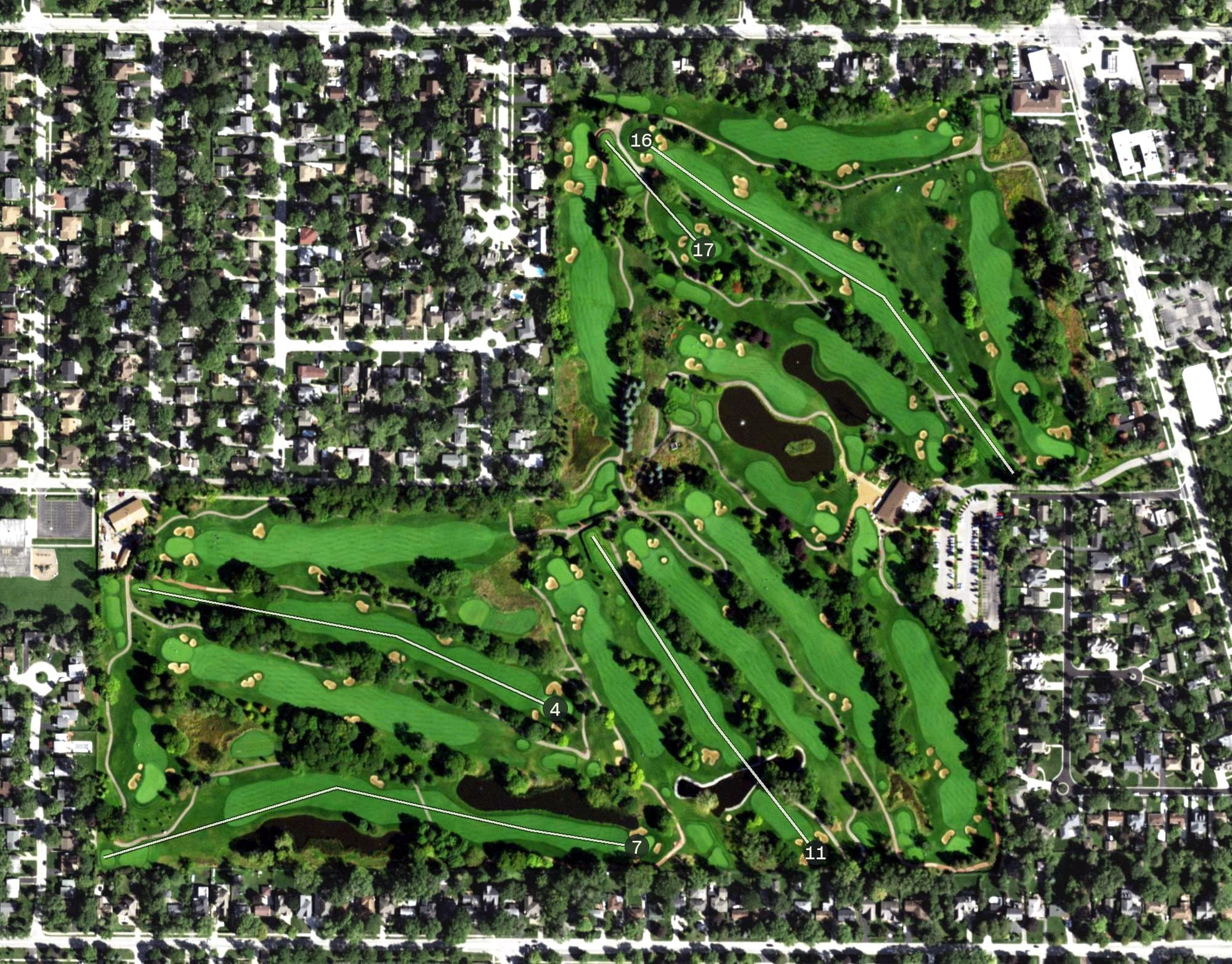 Aerial view of Glenview Park Golf Club, IL, with its hole routing marked