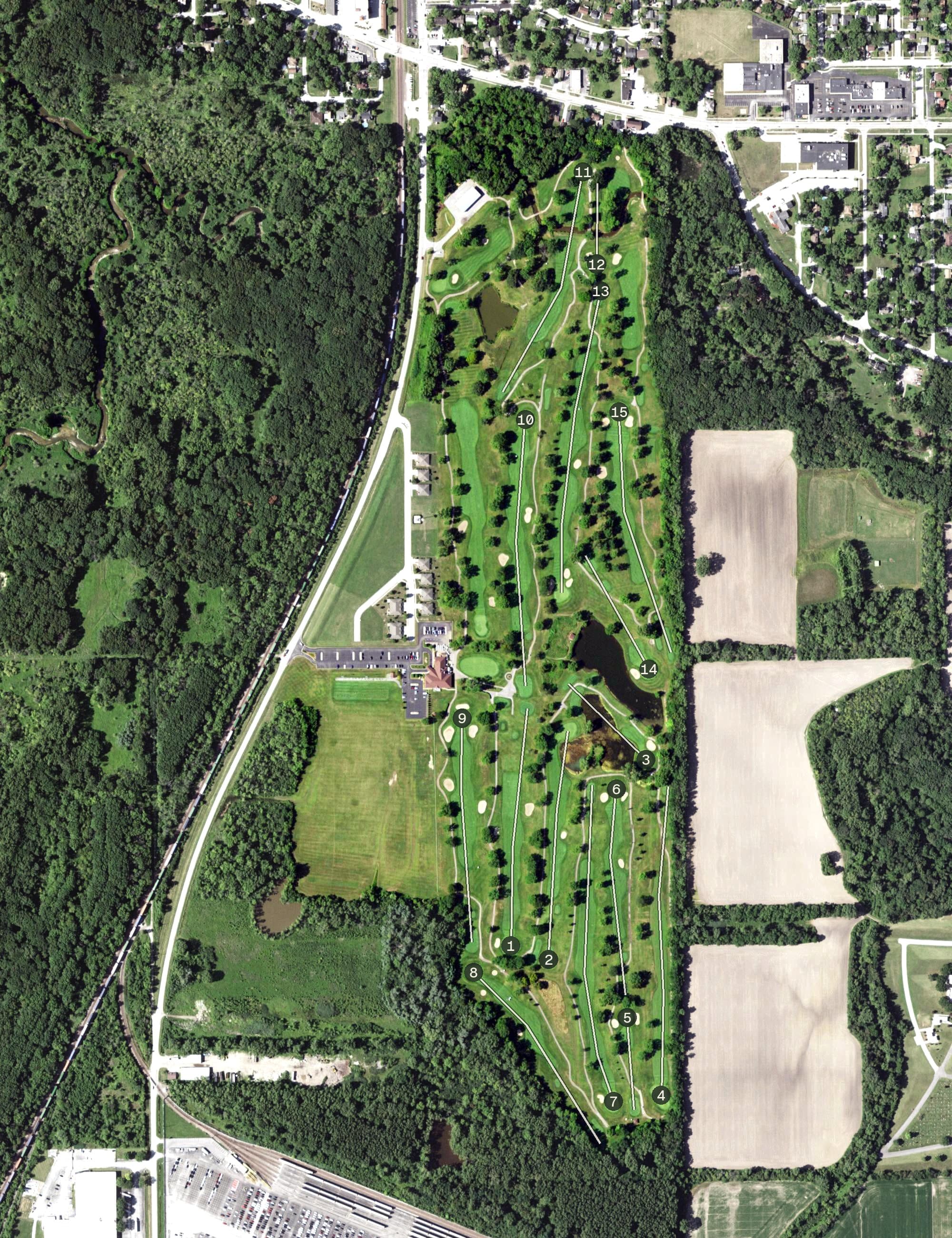 Aerial view of Glenwoodie Golf Club, IL, with its hole routing marked