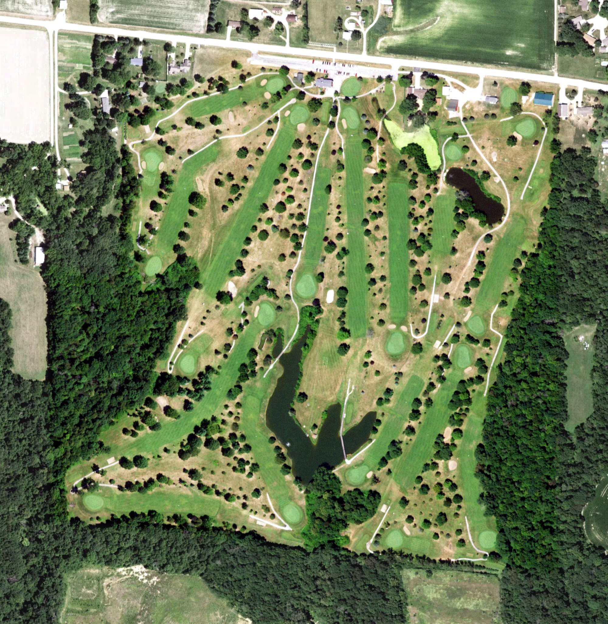 Aerial view of Gof Mohr Golf Course, IL, with its hole routing marked