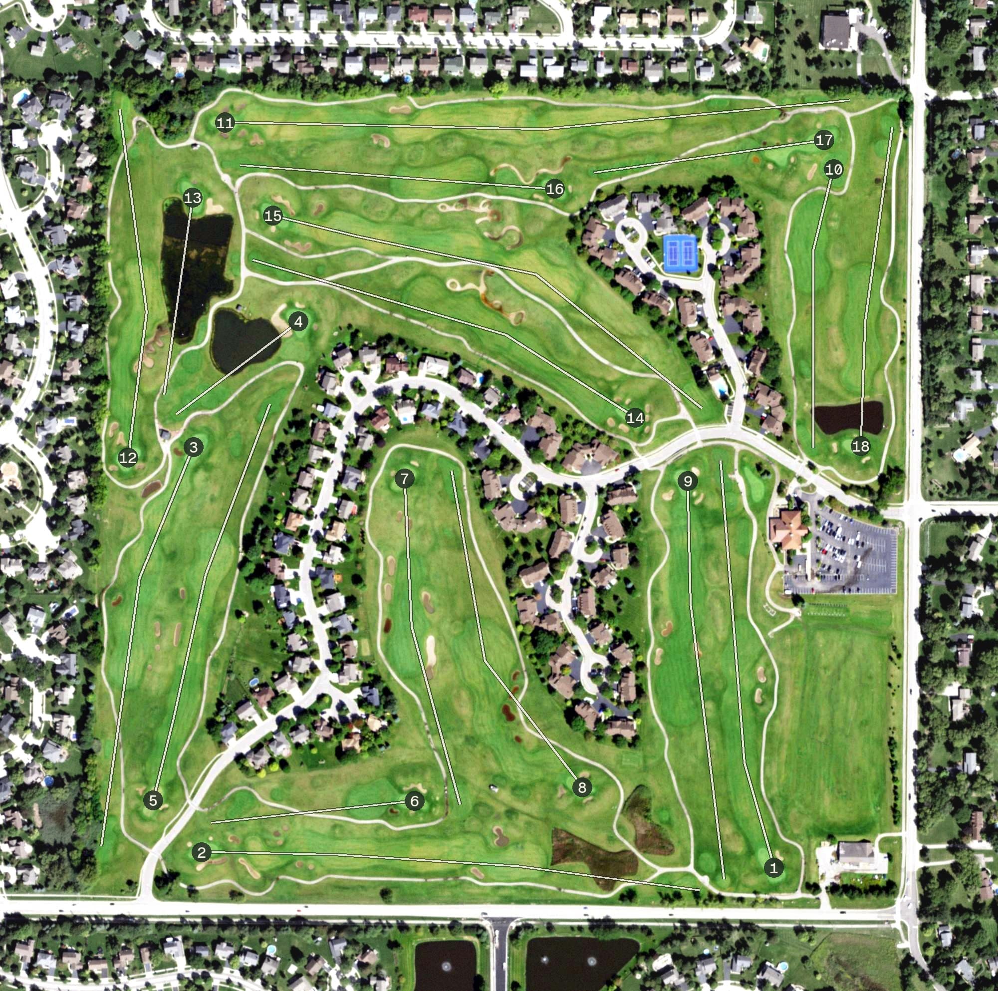 Aerial view of Golf Club of Illinois, IL, with its hole routing marked