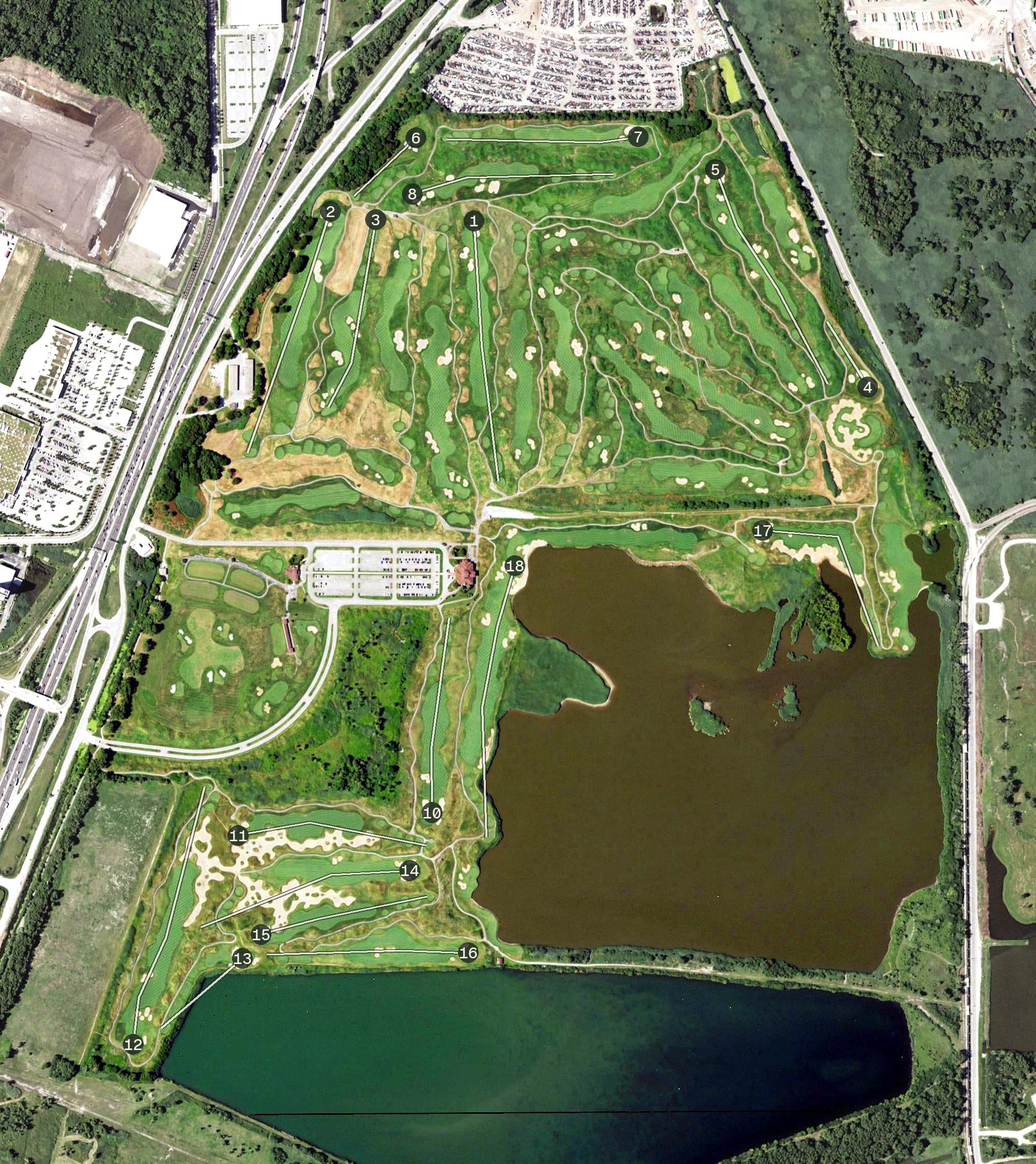 Aerial view of Harborside International Golf Center, IL, with its hole routing marked