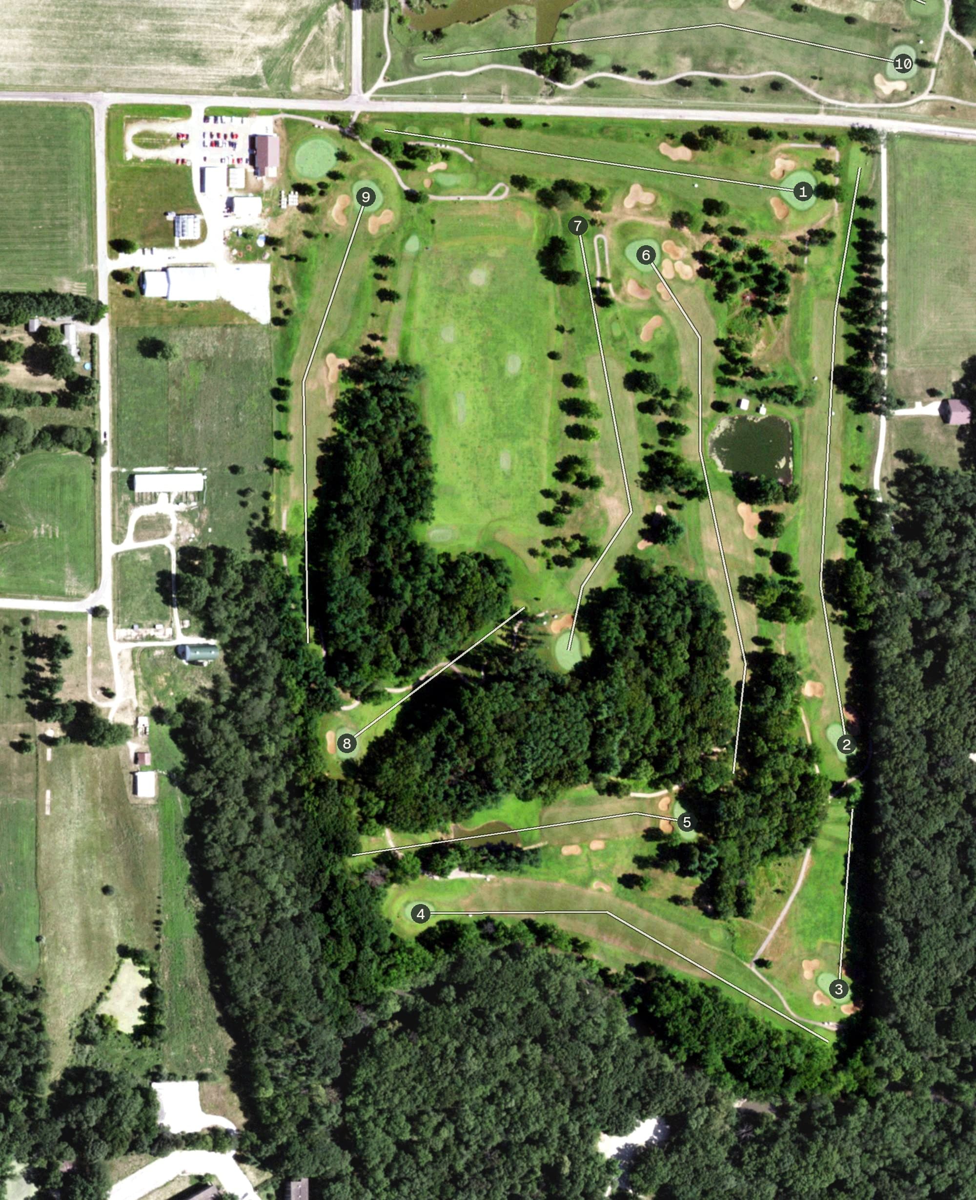 Aerial view of Harry Mussatto Golf Course (WIU), IL, with its hole routing marked