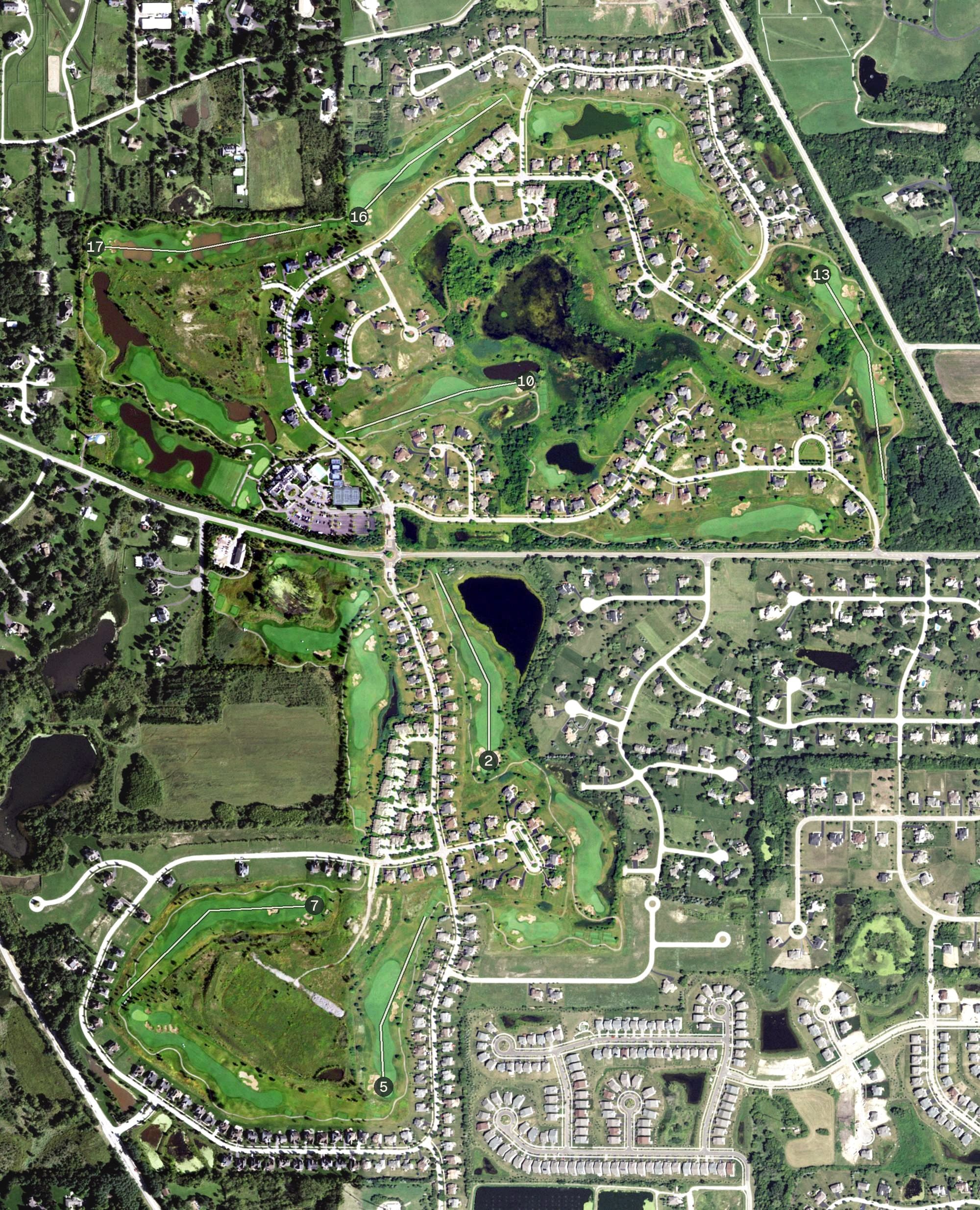 Aerial view of Hawthorn Woods Country Club, IL, with its hole routing marked