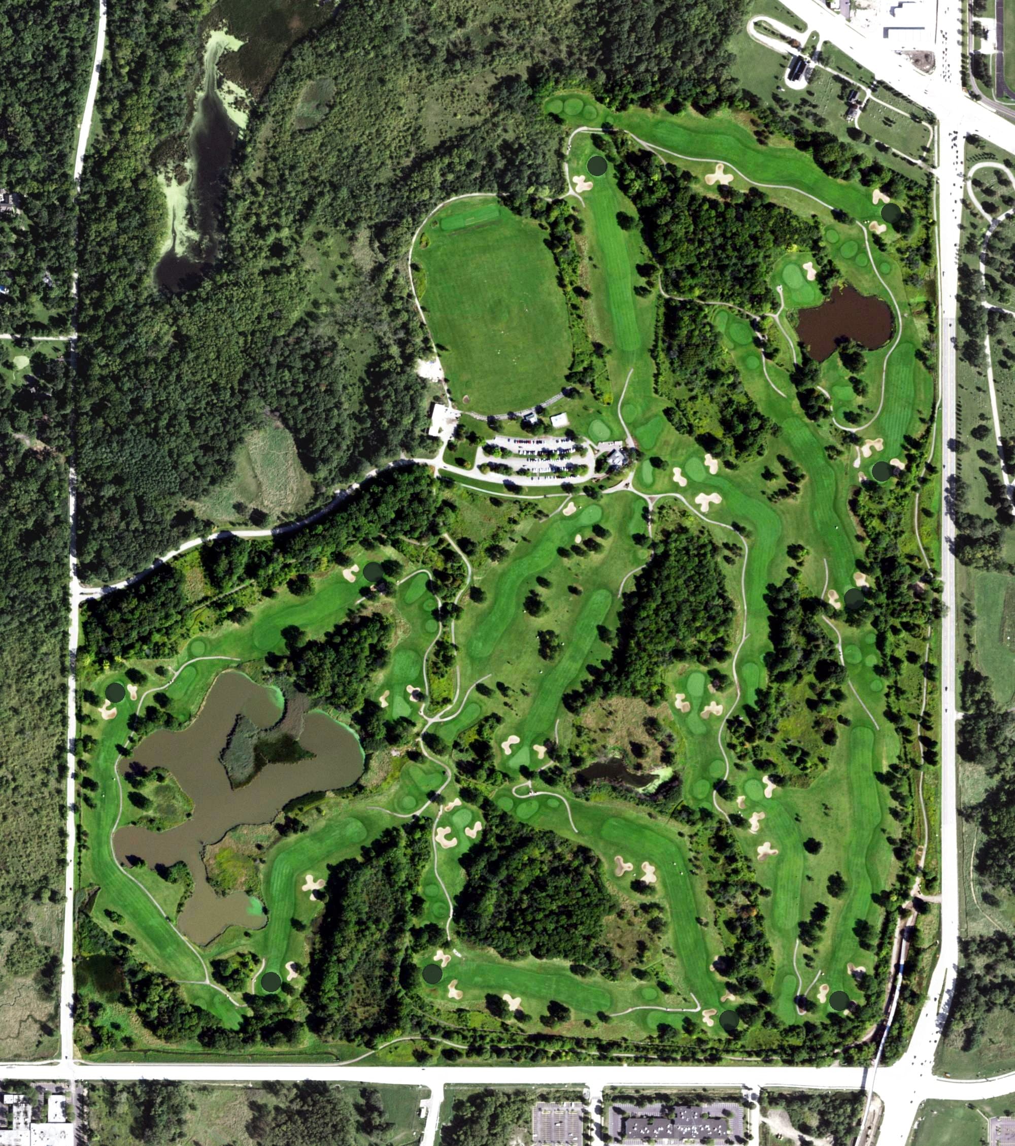 Aerial view of Highland Woods Golf Course, IL, with its hole routing marked
