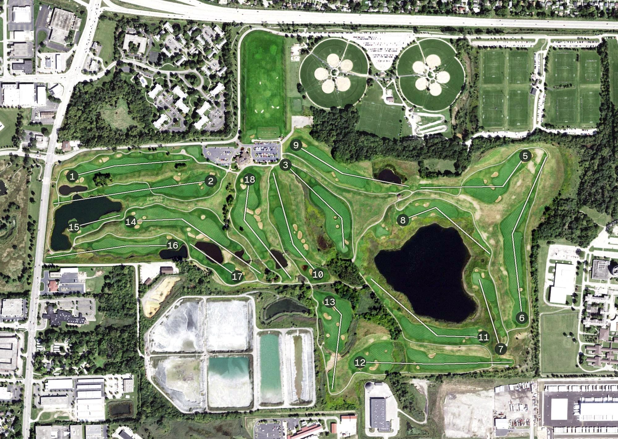 Aerial view of Highlands of Elgin, IL, with its hole routing marked