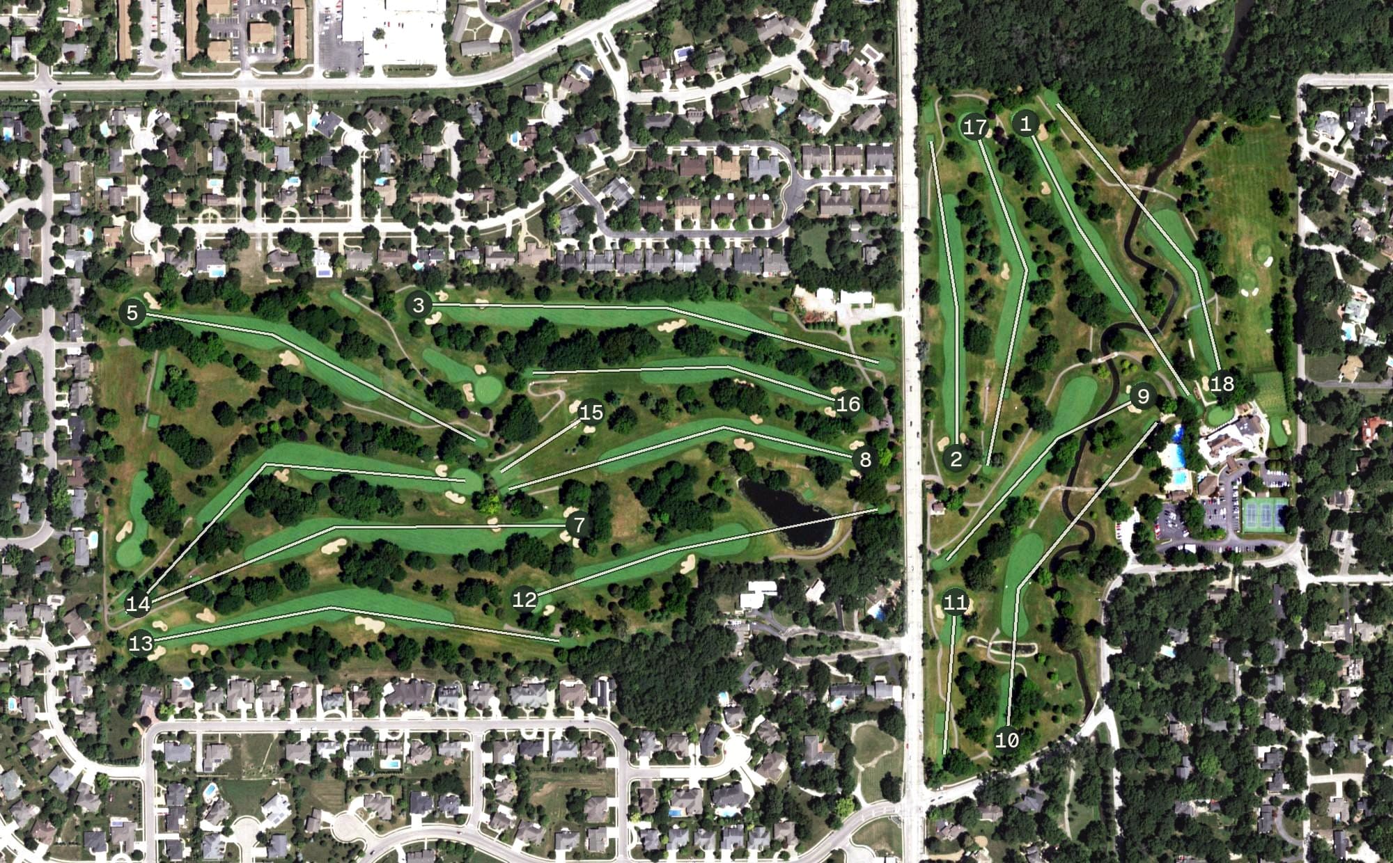 Aerial view of Illini Golf Course, IL, with its hole routing marked