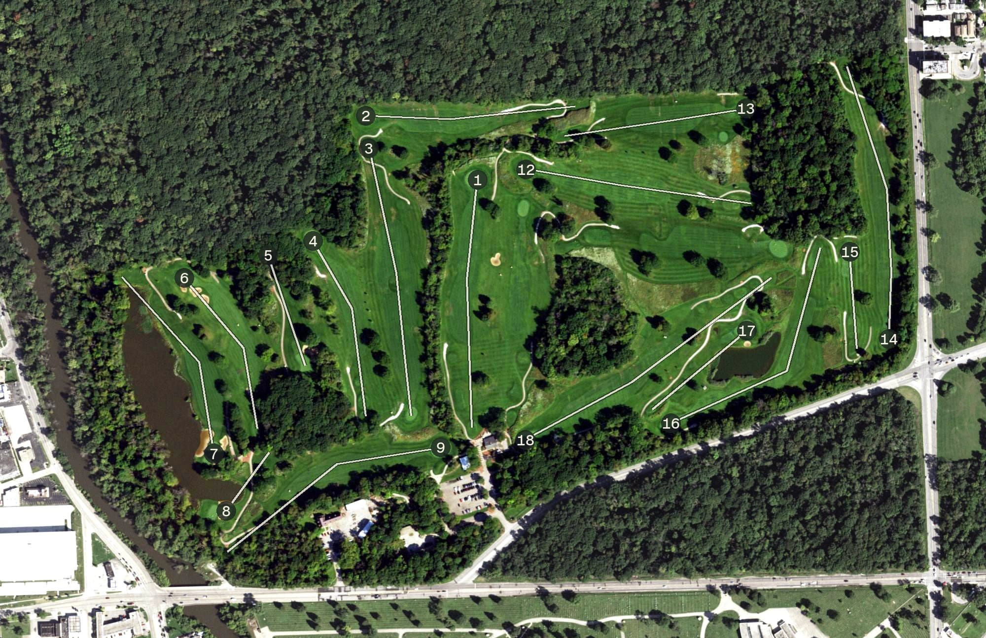 Aerial view of Indian Boundary Golf Course, IL, with its hole routing marked
