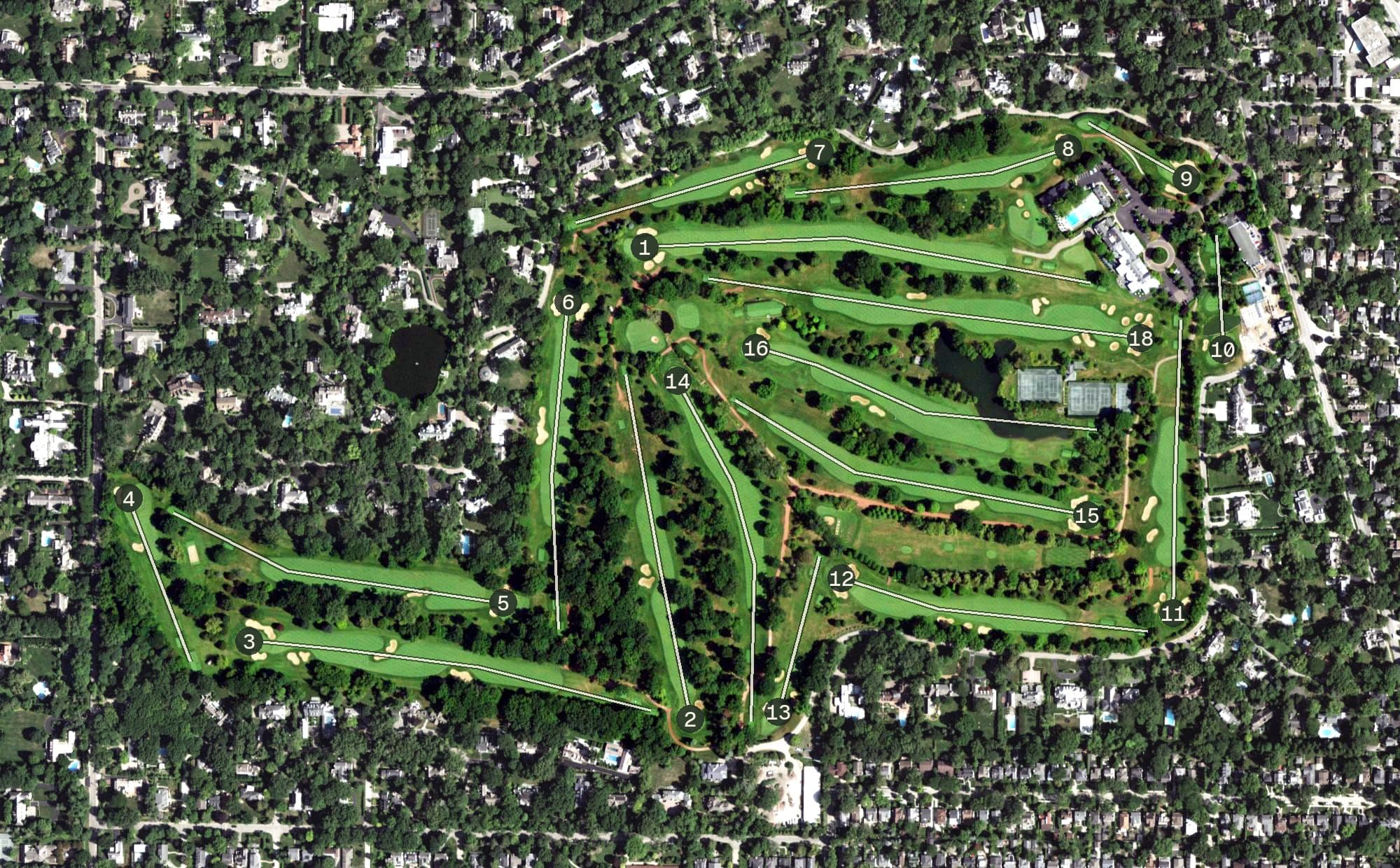 Aerial view of Indian Hill Golf Club, IL, with its hole routing marked