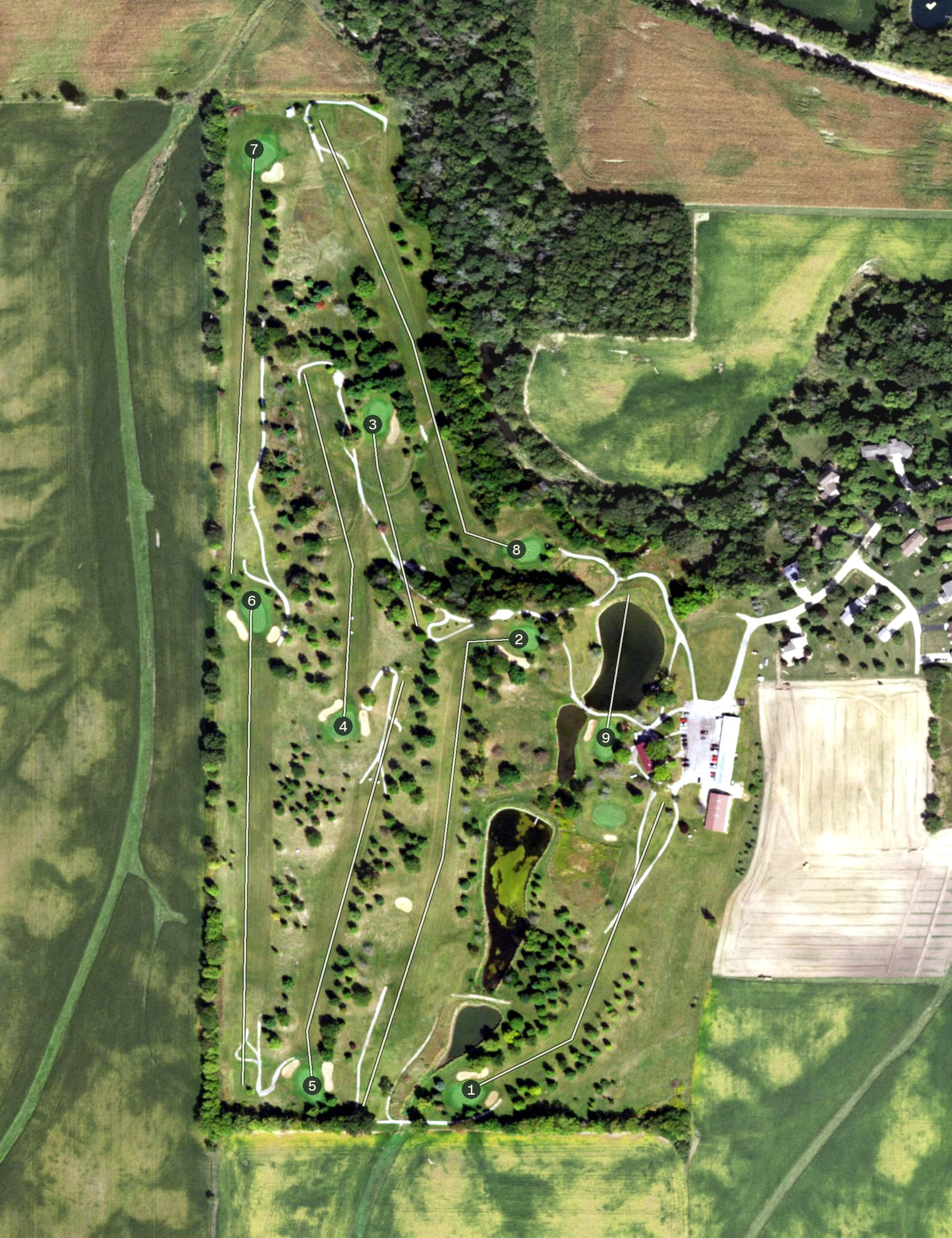 Aerial view of Indian Springs Golf Club, IL, with its hole routing marked