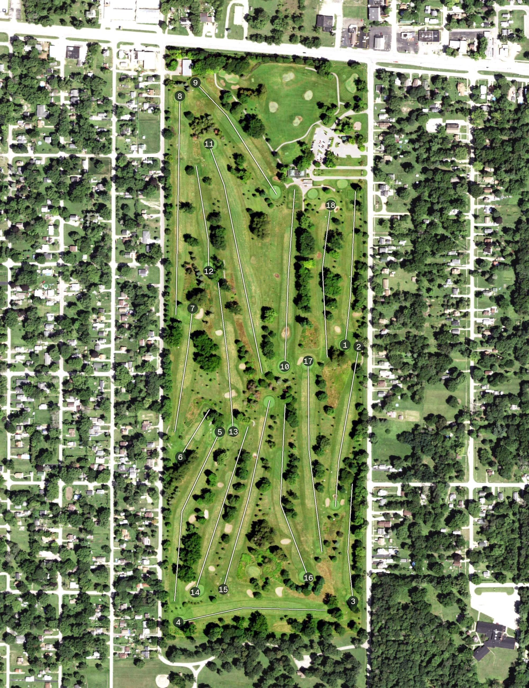Aerial view of Ingersoll Golf Course, IL, with its hole routing marked