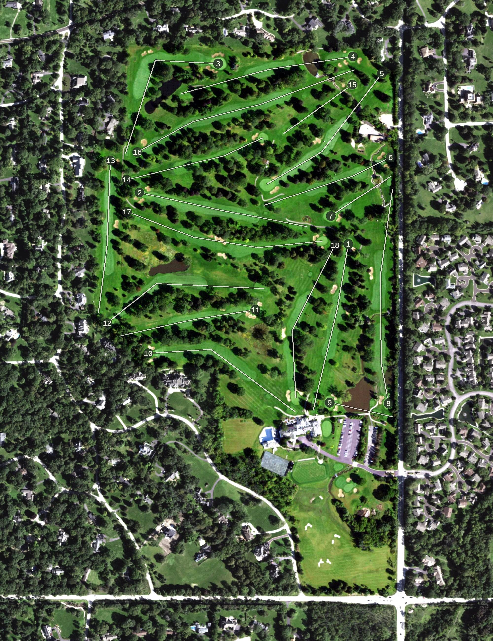 Aerial view of Inverness Golf Club, IL, with its hole routing marked