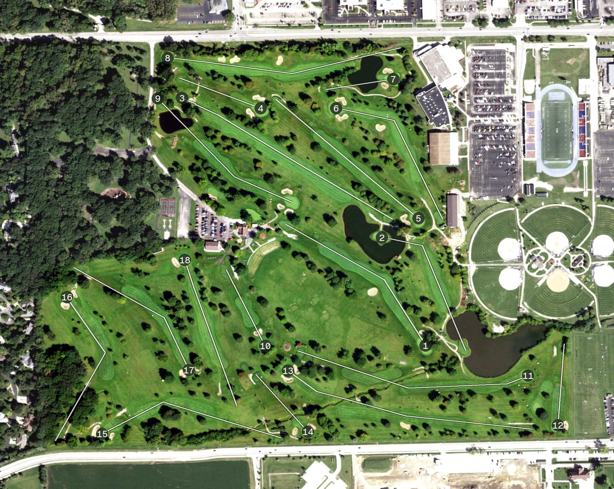 Aerial view of Inwood Golf Course, IL, with its hole routing marked
