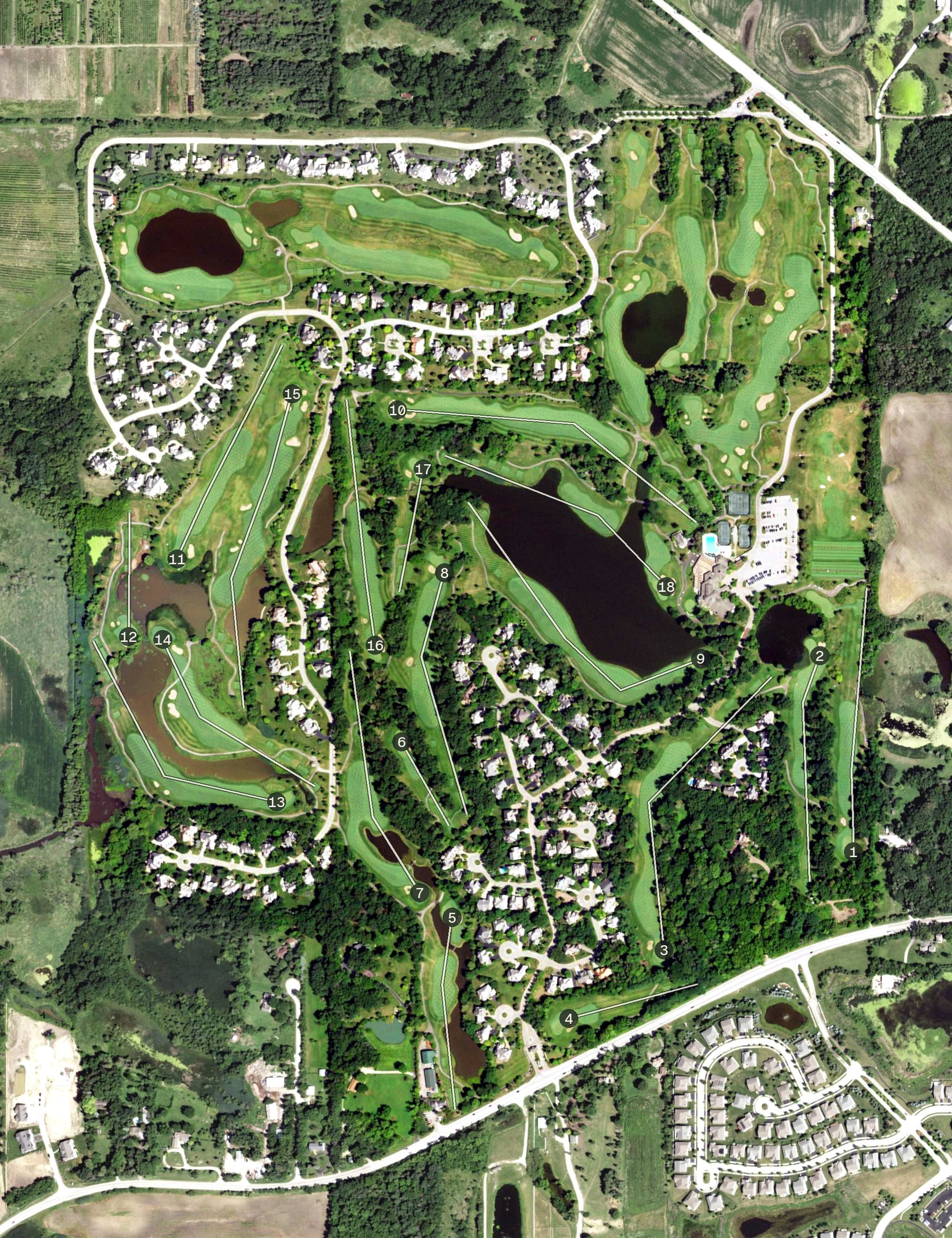 Aerial view of Ivanhoe Club, IL, with its hole routing marked