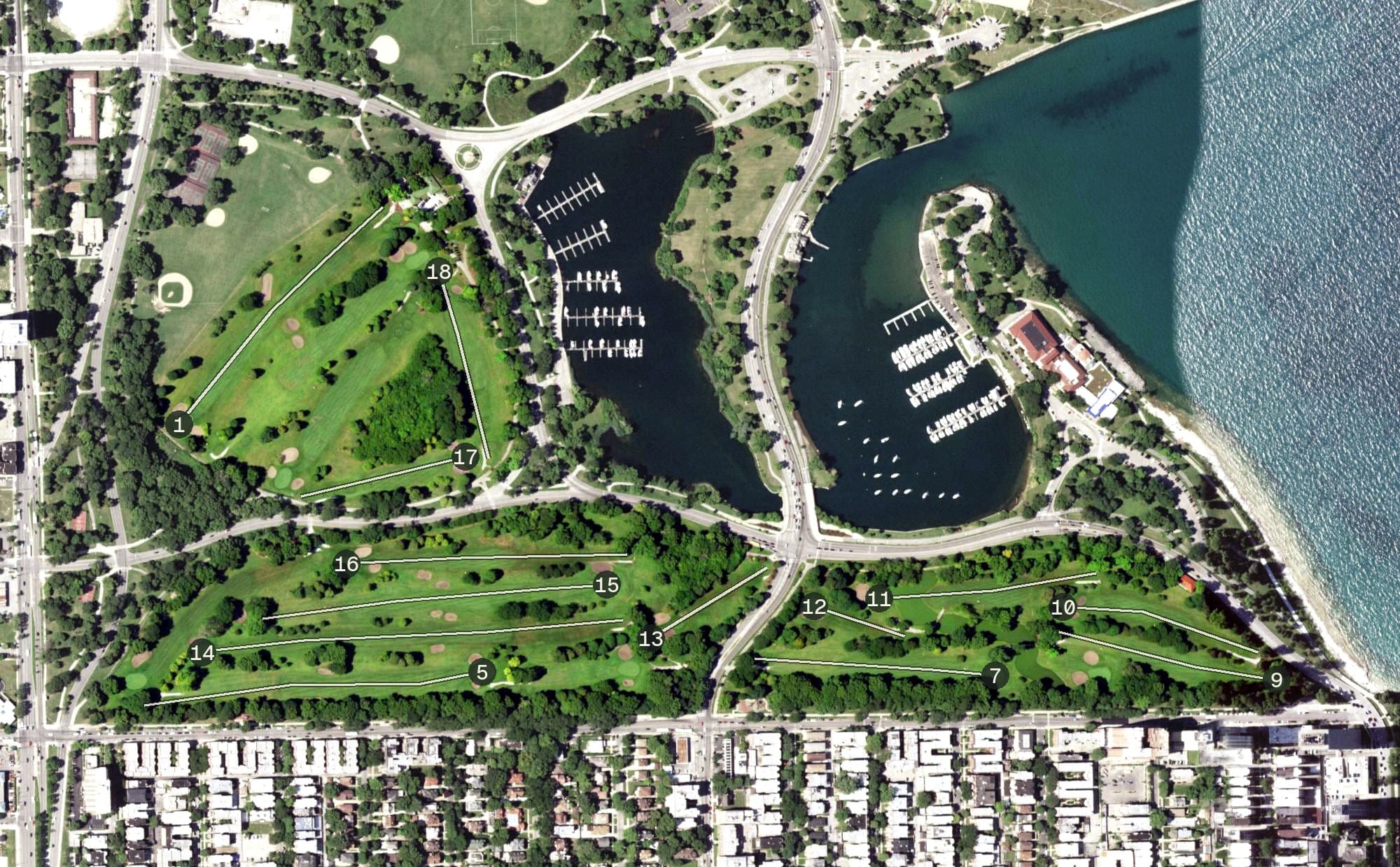 Aerial view of Jackson Park Golf Course, IL, with its hole routing marked