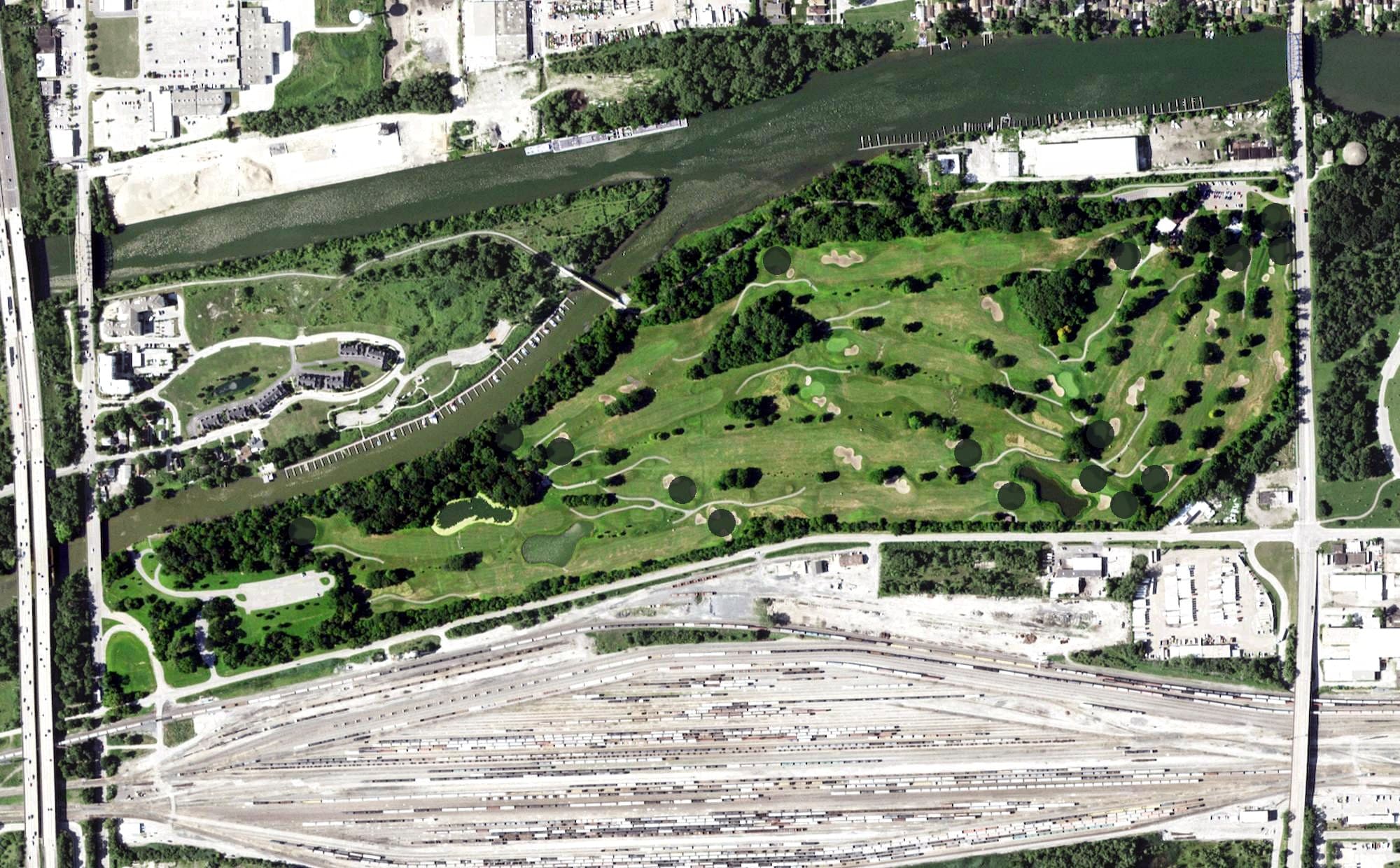 Aerial view of Joe Louis "The Champ" Golf Course, IL, with its hole routing marked