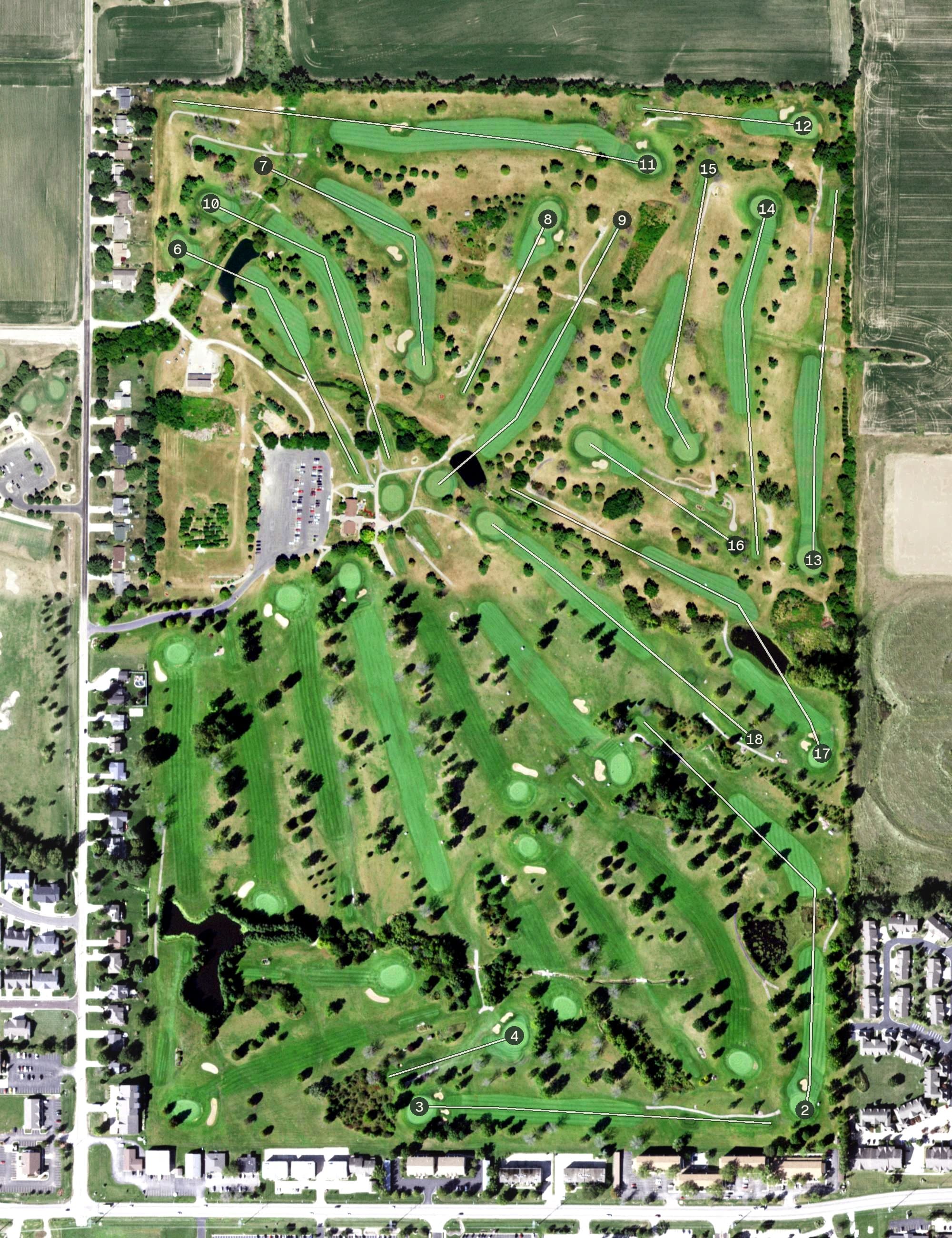 Aerial view of Kellogg Golf Course, IL, with its hole routing marked