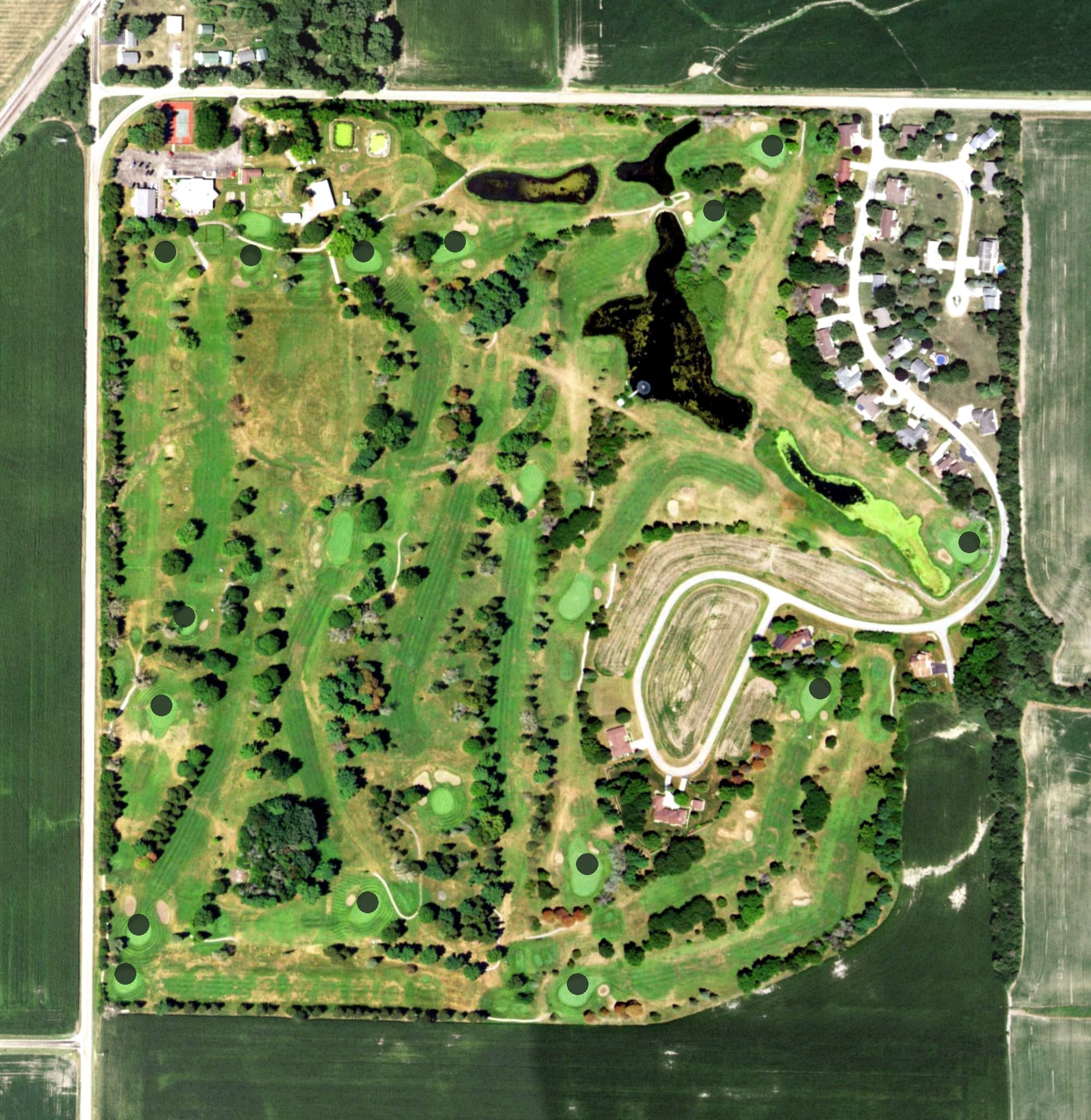 Aerial view of Kewanee Dunes Golf Club, IL, with its hole routing marked