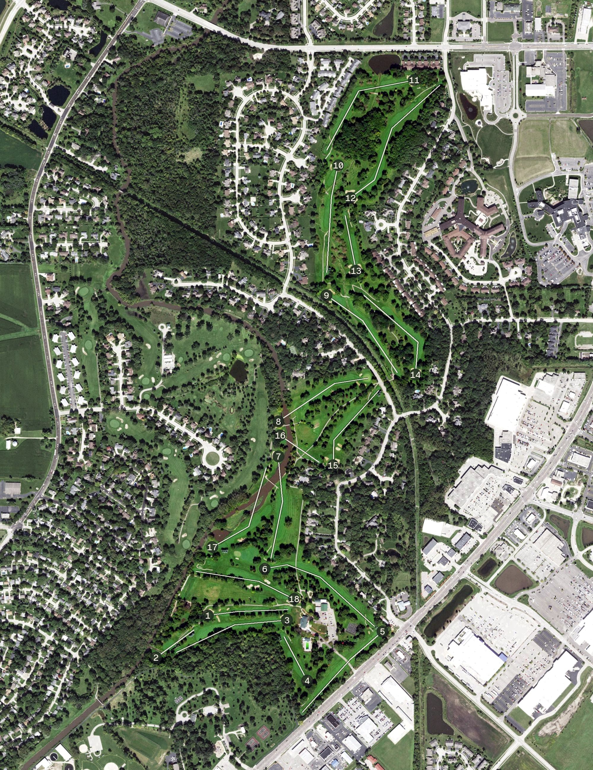 Aerial view of Kishwaukee Country Club, IL, with its hole routing marked