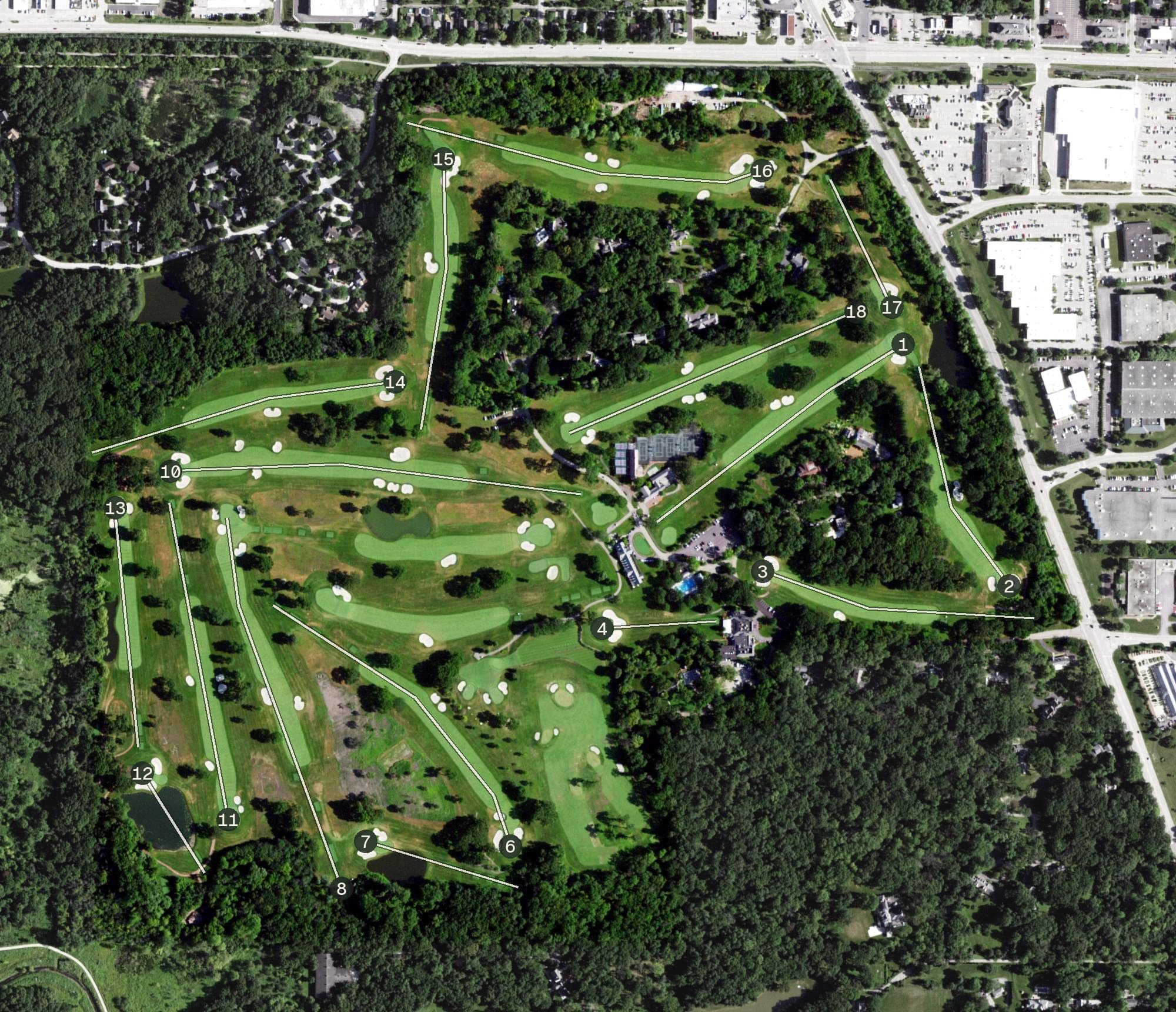 Aerial view of Knollwood Club Golf Course, IL, with its hole routing marked
