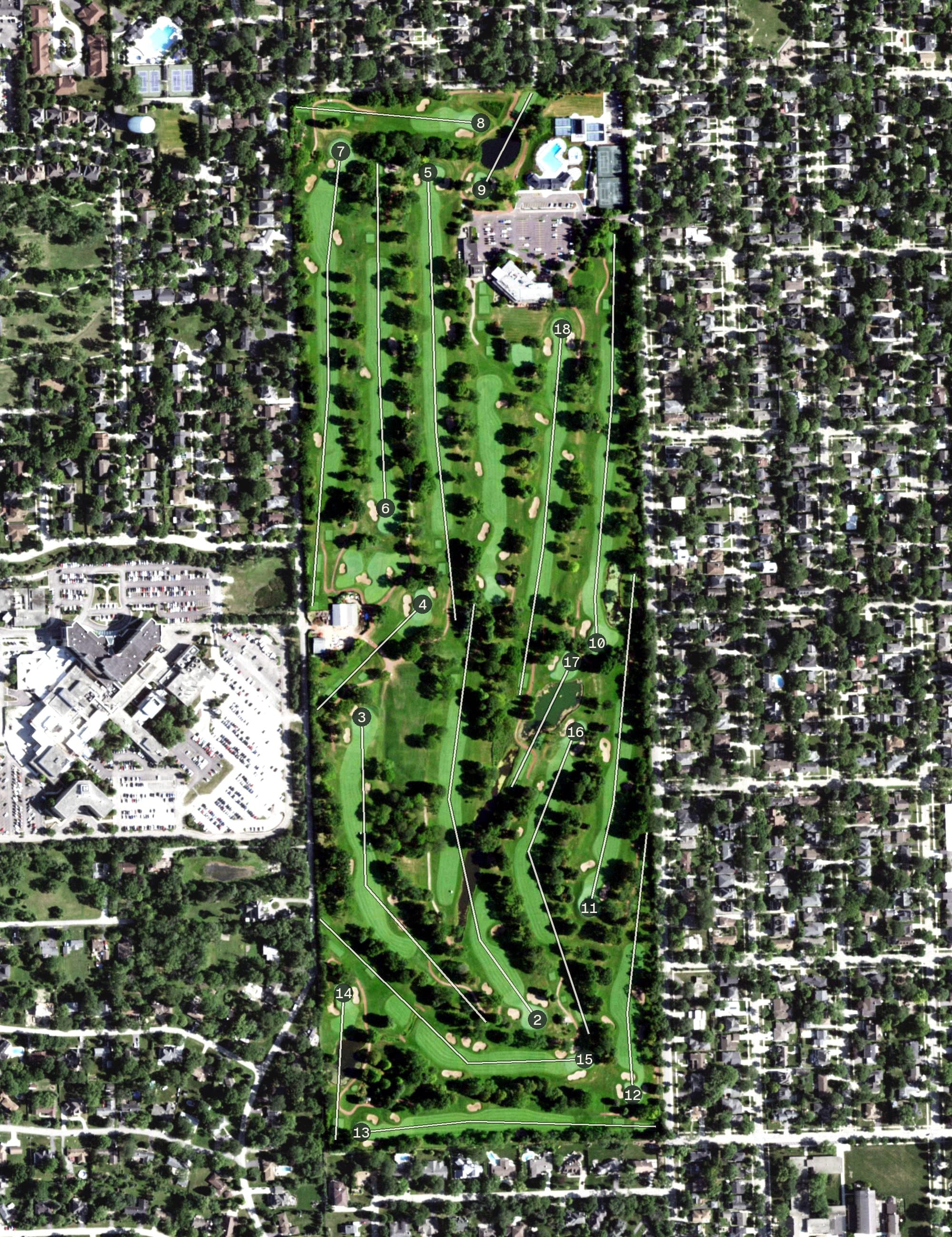 Aerial view of La Grange Country Club, IL, with its hole routing marked