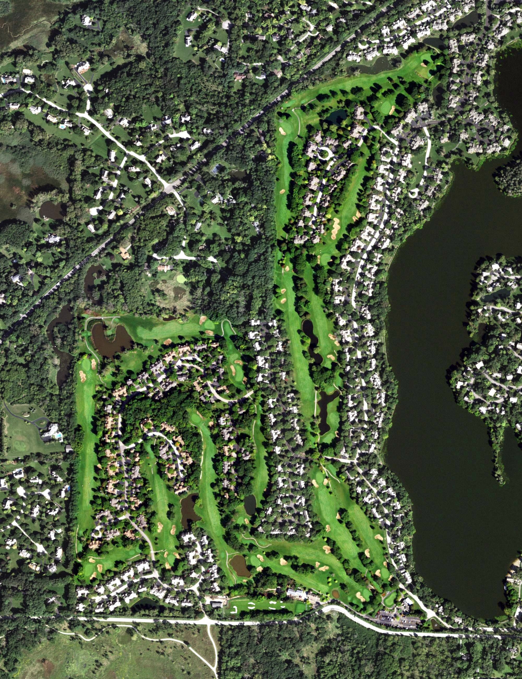 Aerial view of Lake Barrington Shores Golf Club, IL, with its hole routing marked