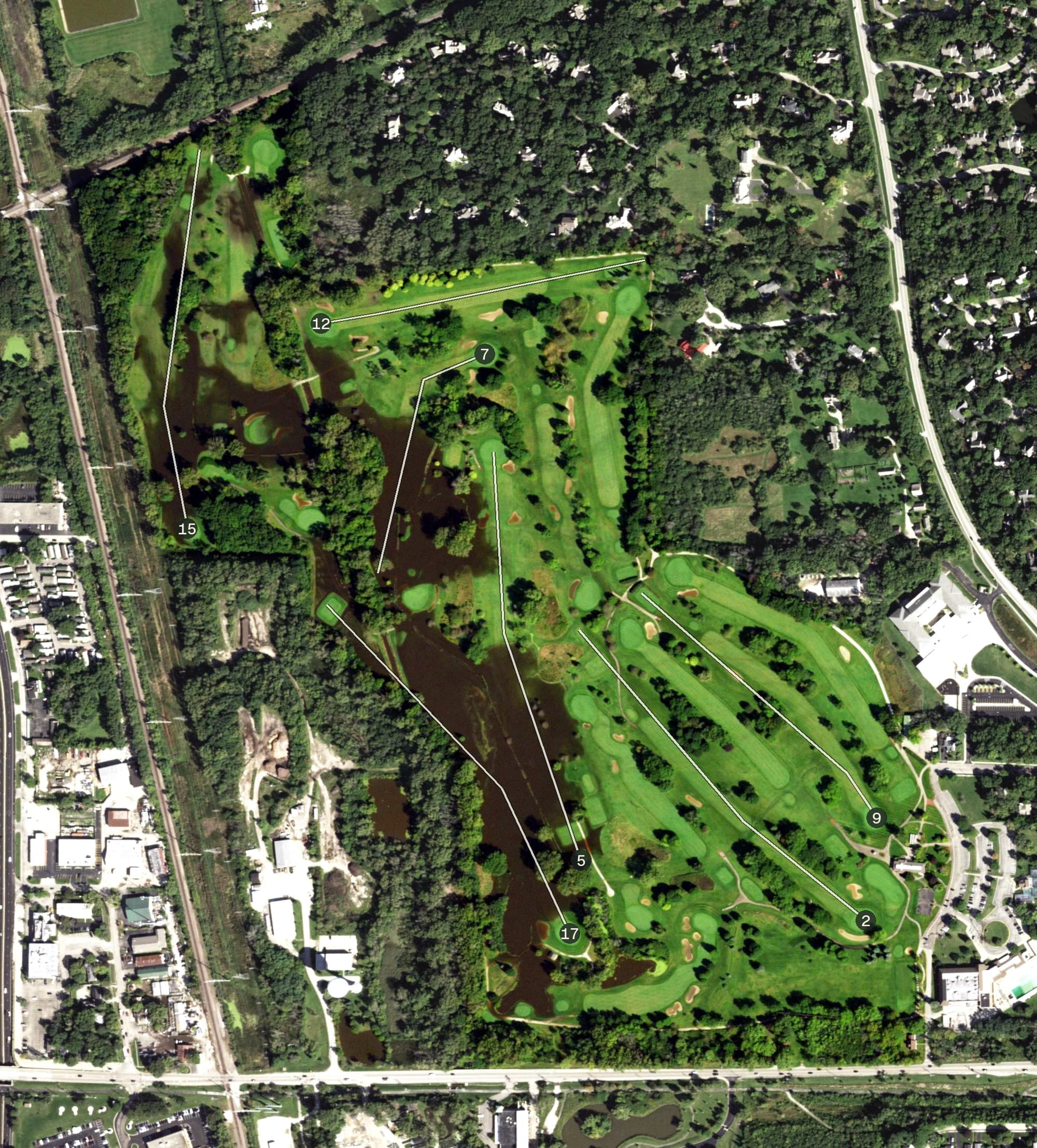 Aerial view of Lake Bluff Golf Course, IL, with its hole routing marked