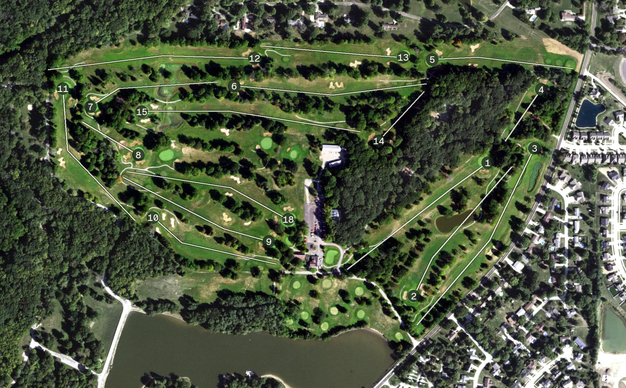 Aerial view of Lake of the Woods Golf Course, IL, with its hole routing marked