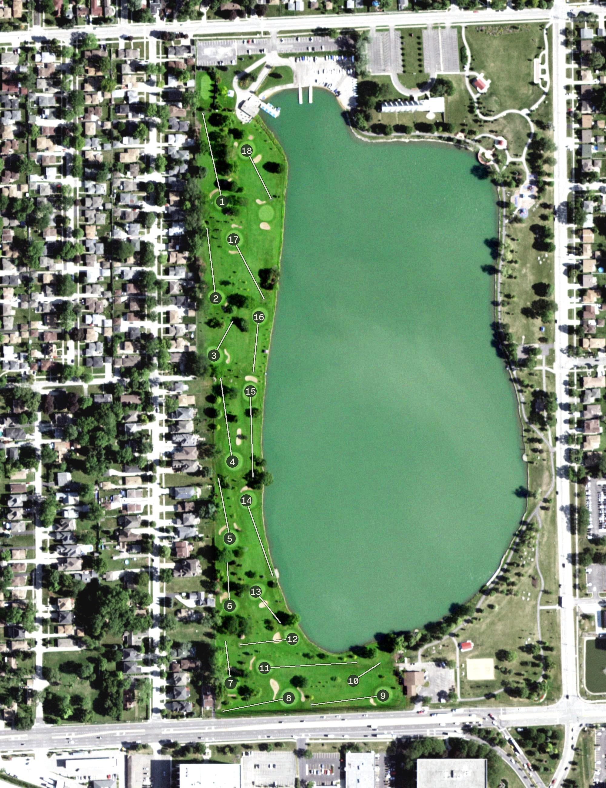 Aerial view of Lake Park Golf Course, IL, with its hole routing marked