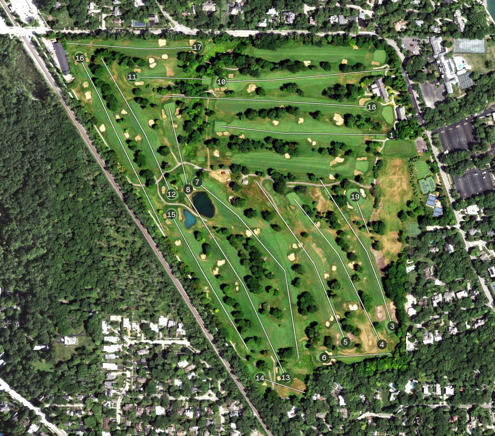 Aerial view of Lake Shore Country Club, IL, with its hole routing marked
