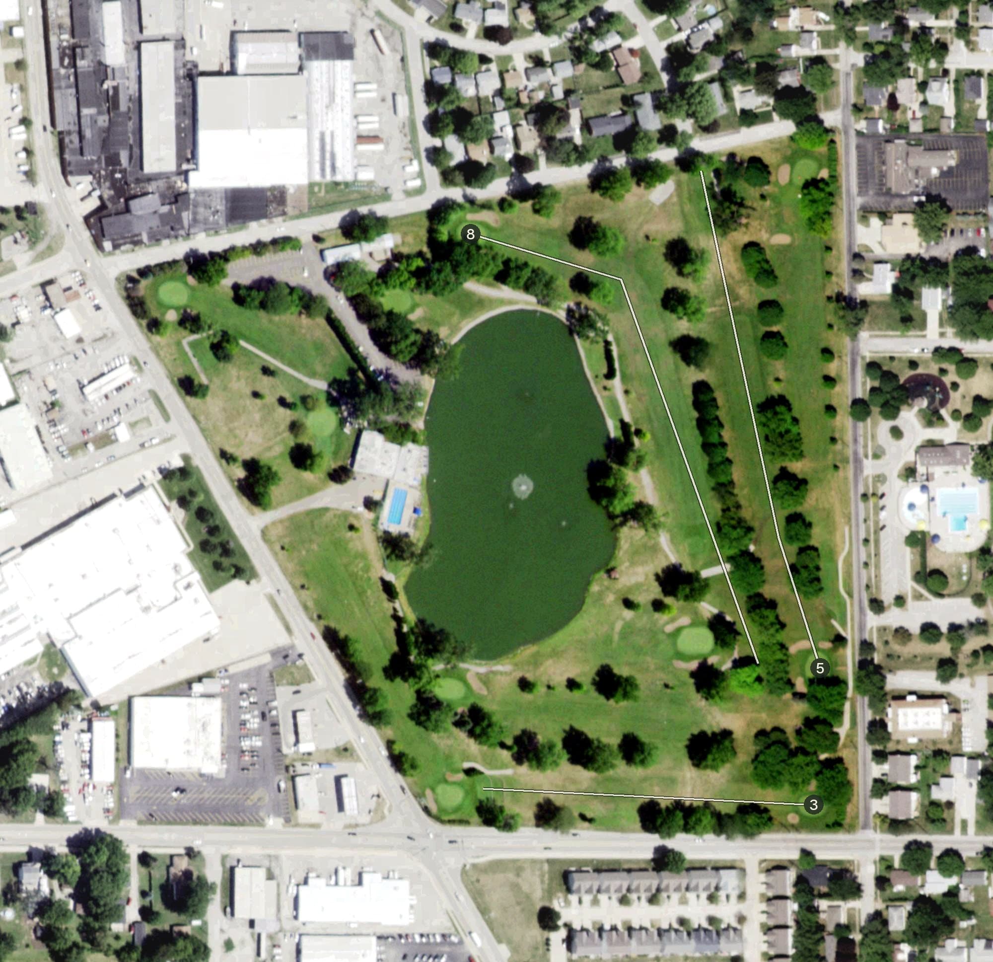 Aerial view of Lakeside Country Club, IL, with its hole routing marked