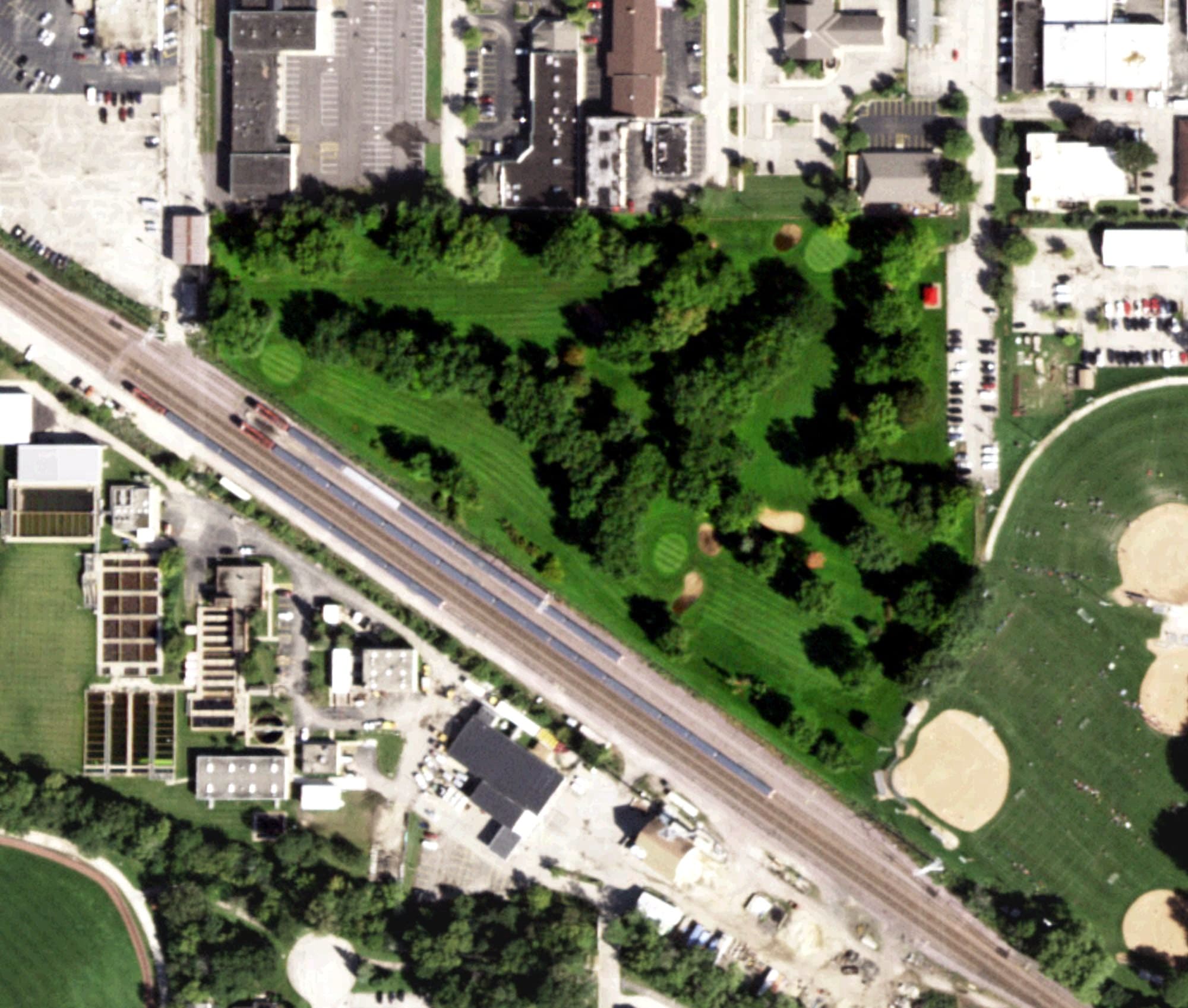 Aerial view of Langendorf Park Golf Course, IL, with its hole routing marked