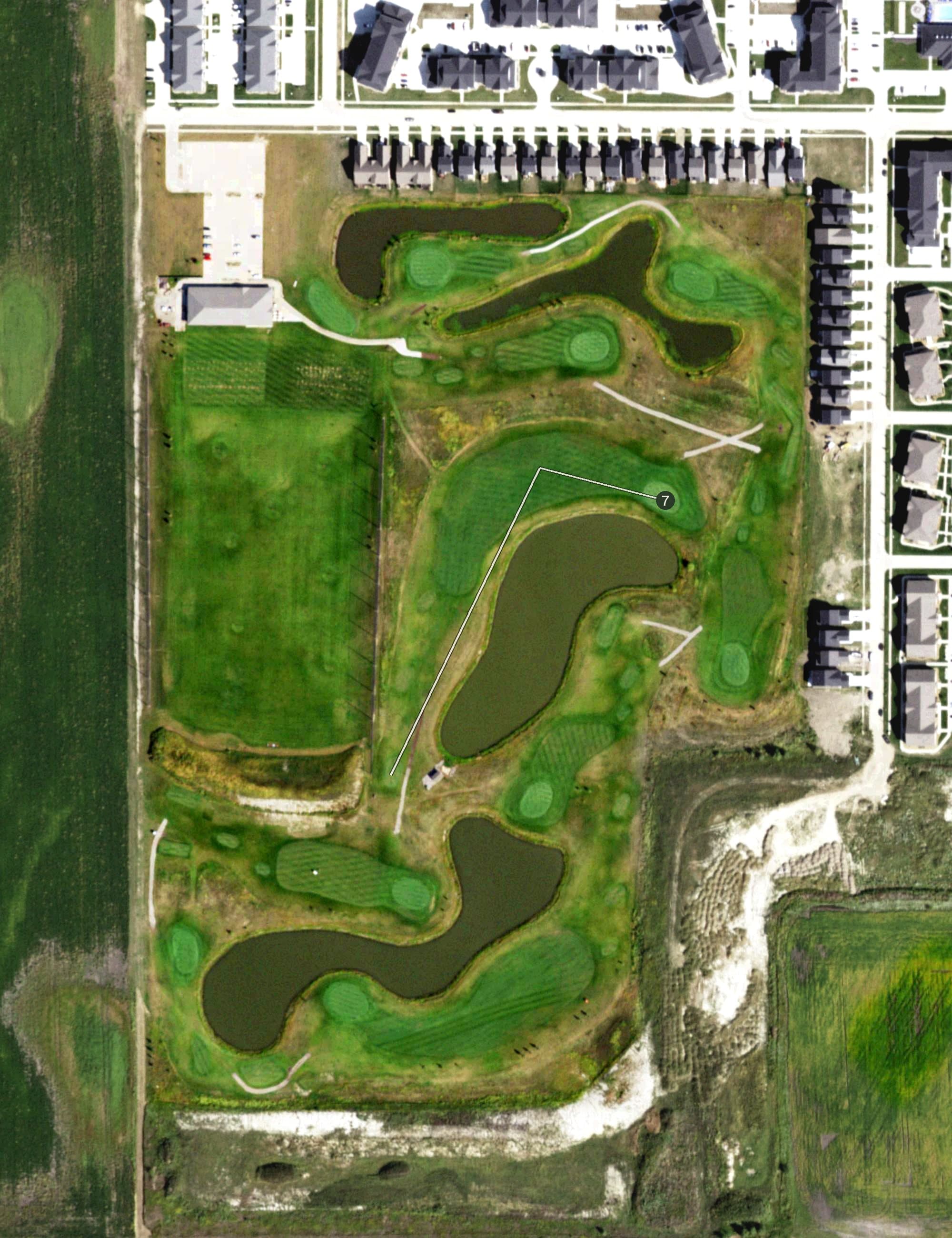 Aerial view of Legends Golf Course, IL, with its hole routing marked