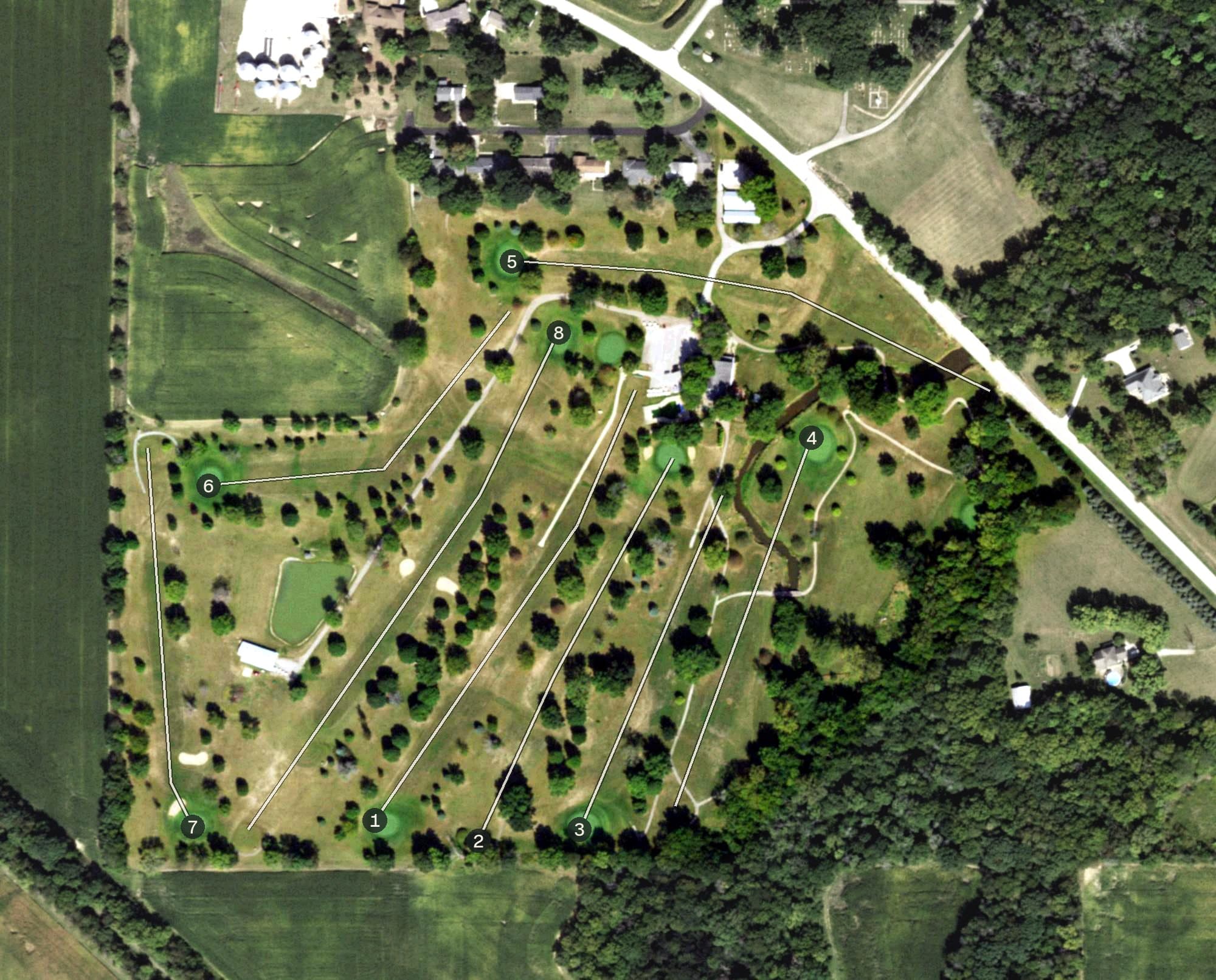 Aerial view of LeRoy Golf Course, IL, with its hole routing marked