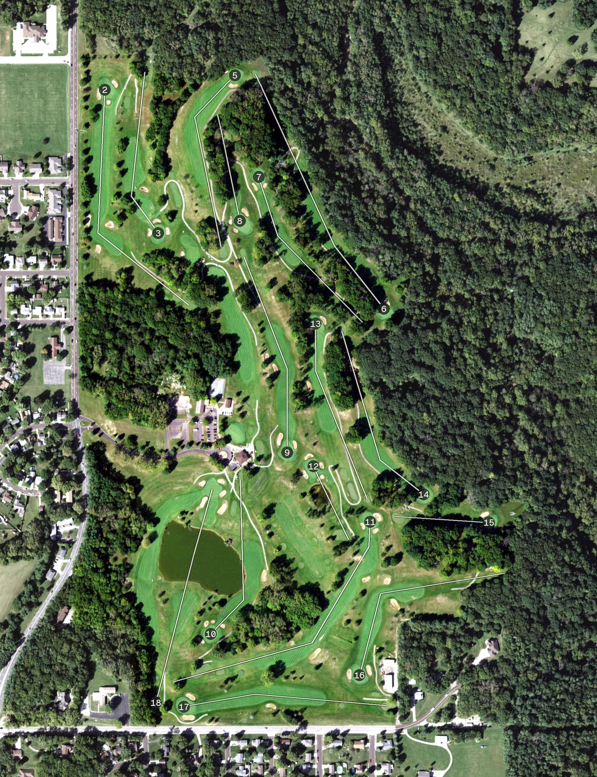 Aerial view of Lick Creek Golf Course, IL, with its hole routing marked
