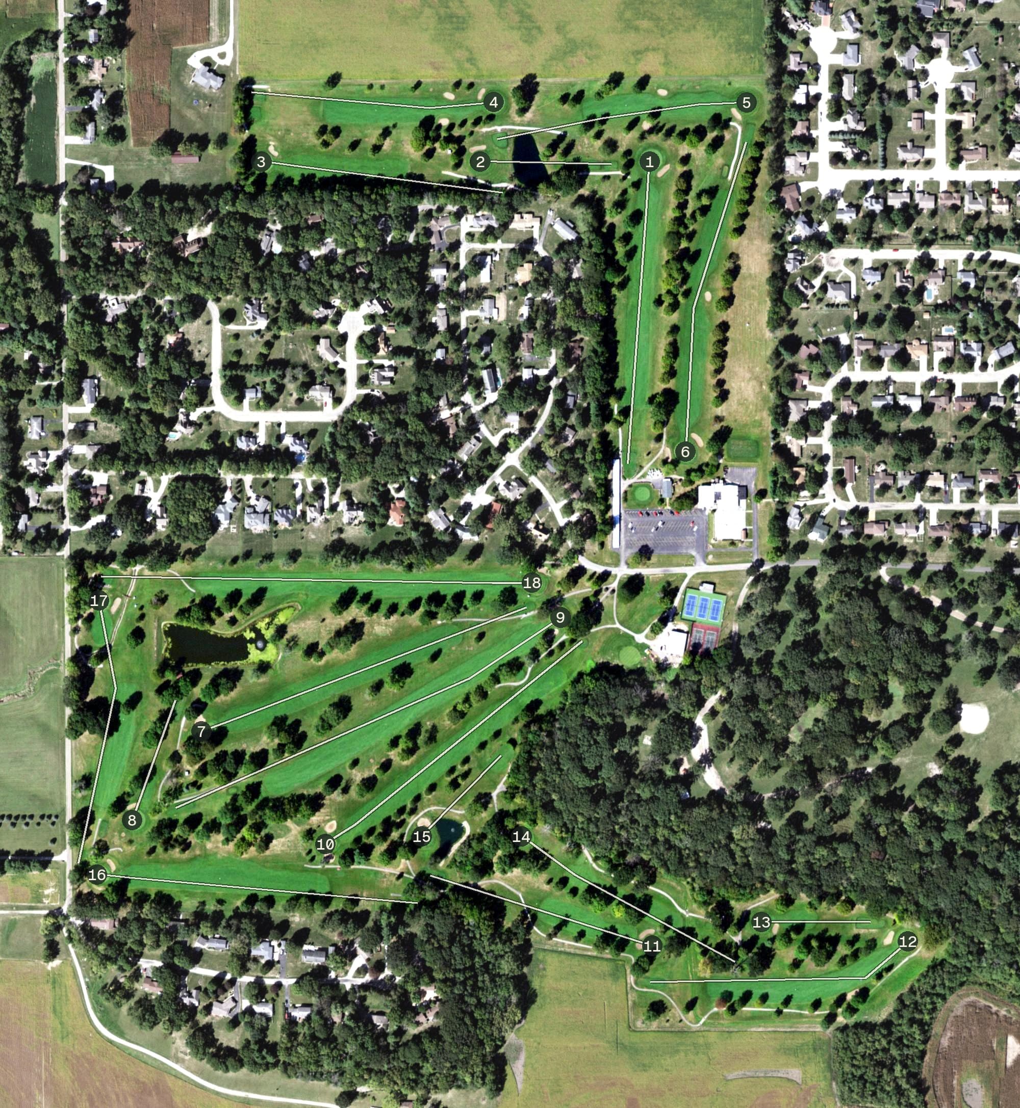 Aerial view of Lincoln Elks Country Club, IL, with its hole routing marked