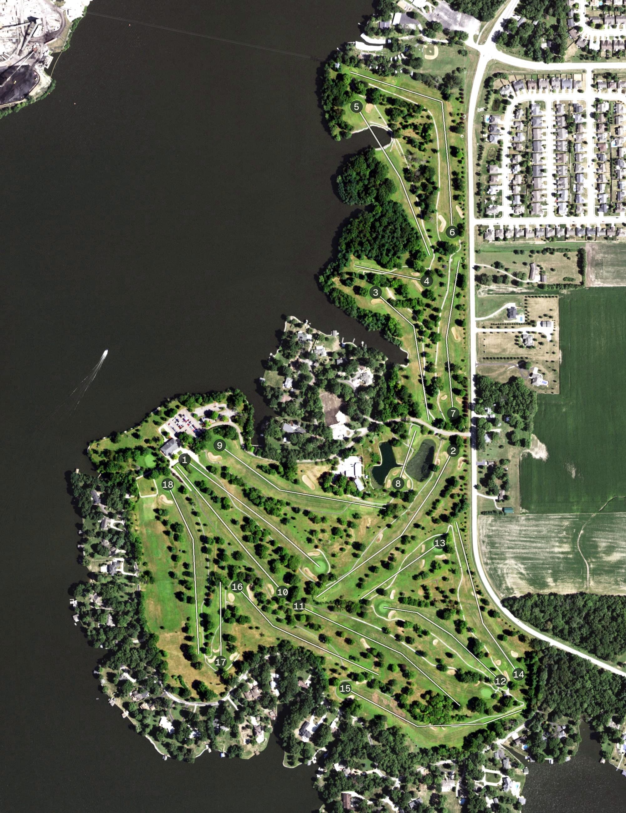 Aerial view of Lincoln Greens Golf Course, IL, with its hole routing marked