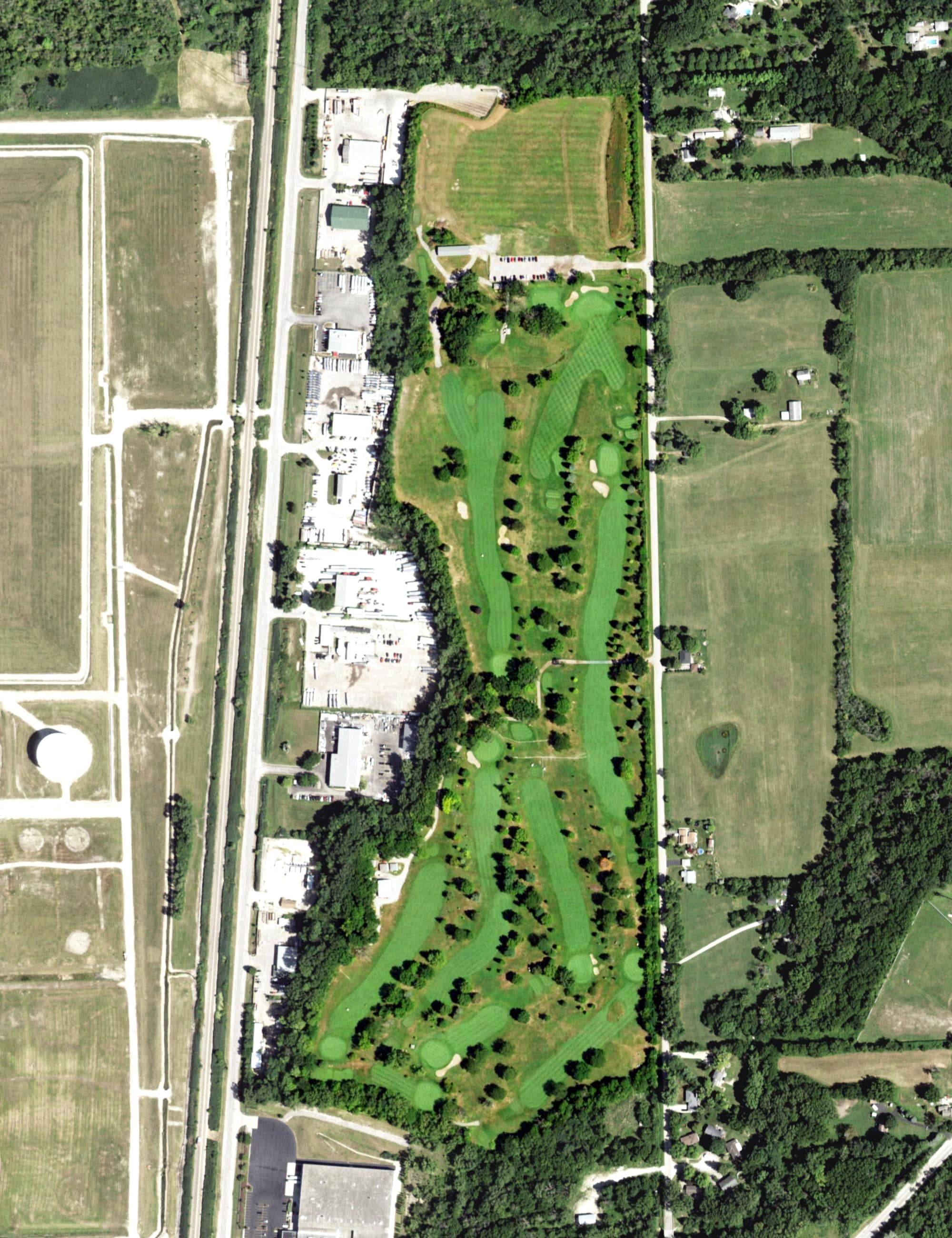 Aerial view of Lockport Golf and Recreation Club, IL, with its hole routing marked
