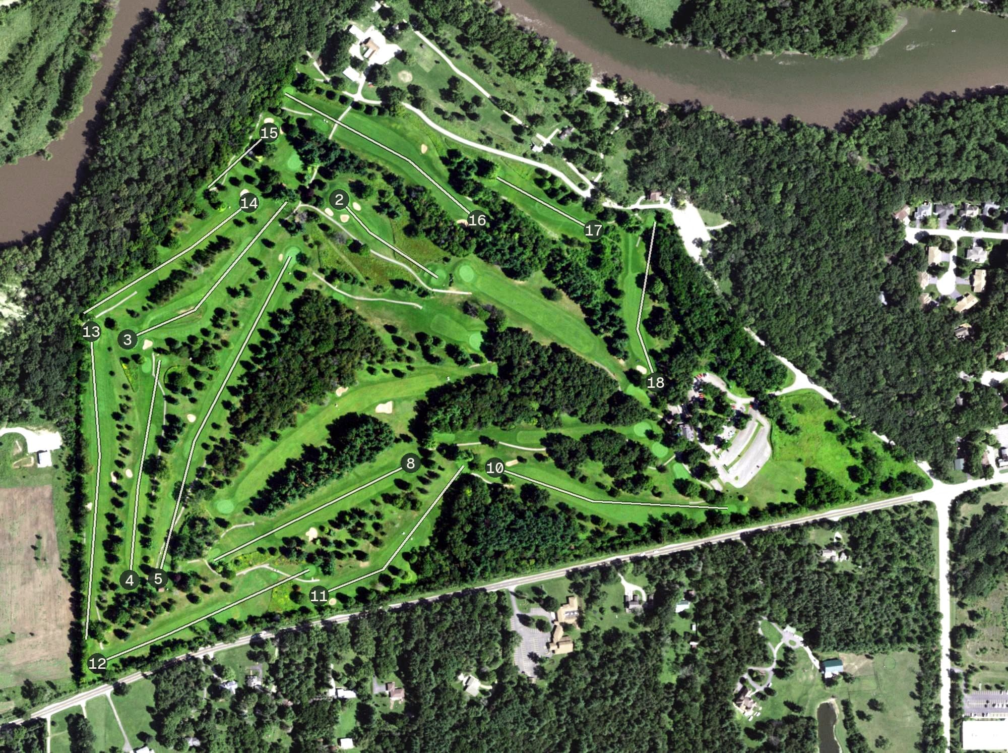 Aerial view of Macktown Golf Course, IL, with its hole routing marked