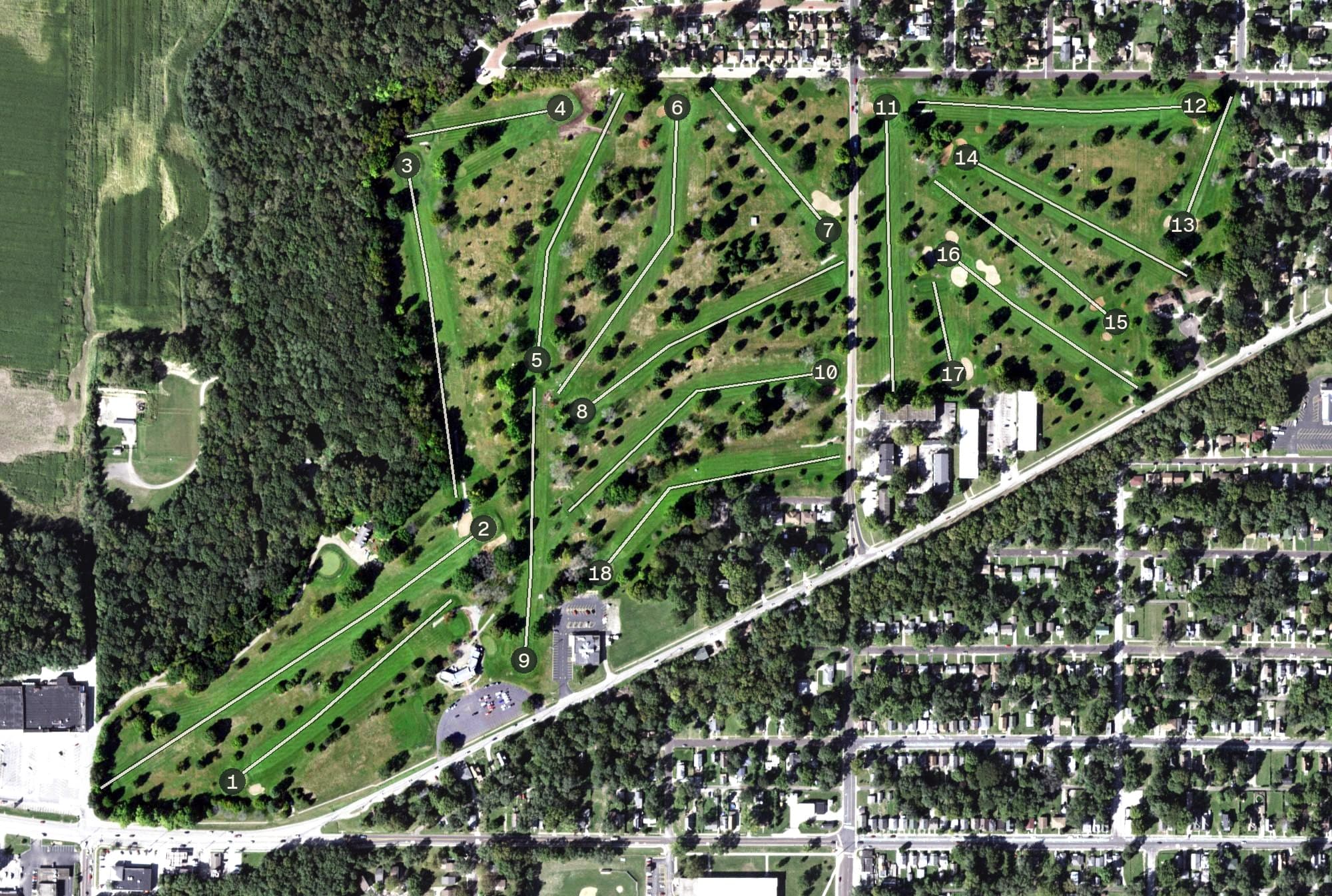 Aerial view of Madison Golf Course, IL, with its hole routing marked