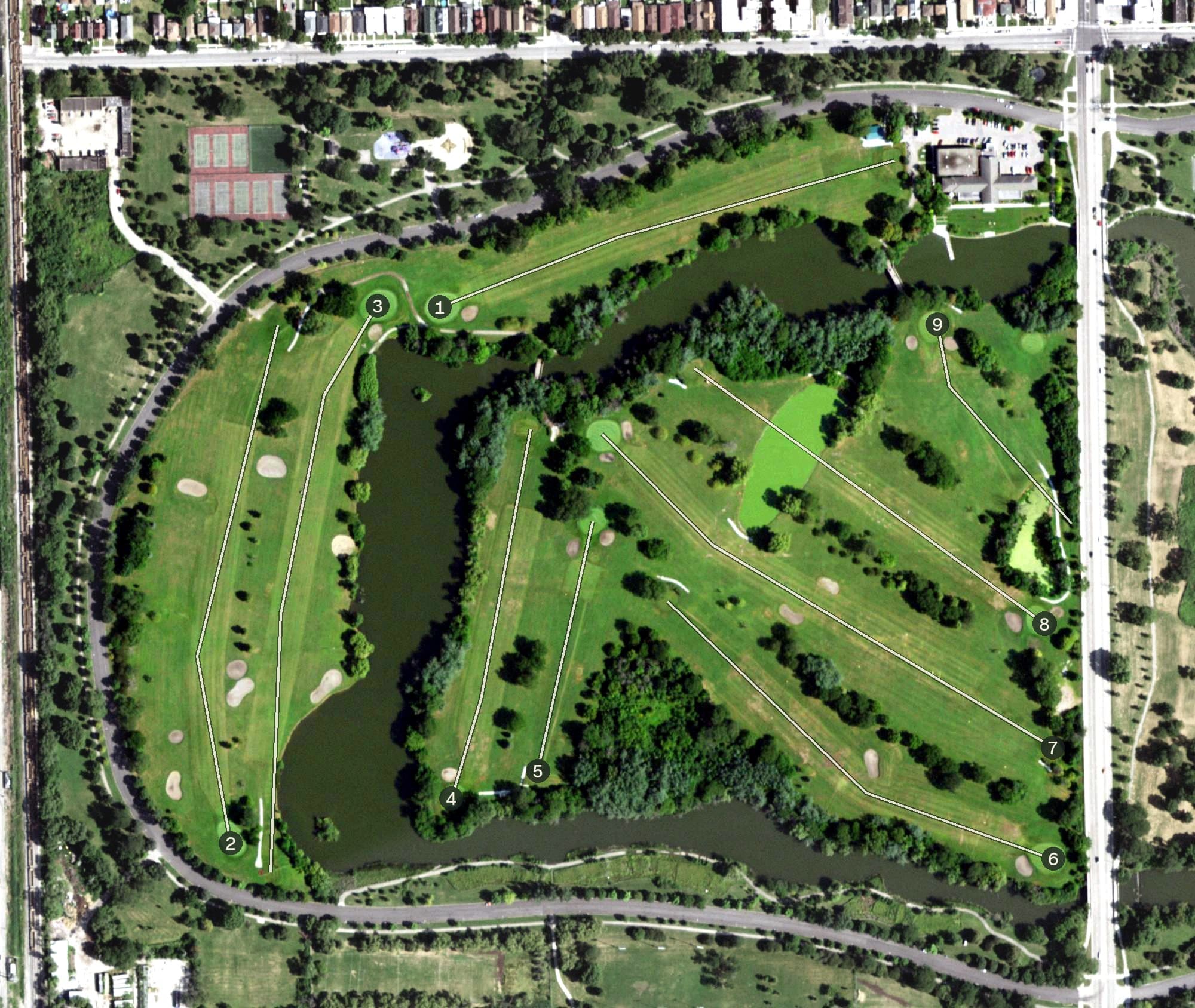 Aerial view of Marquette Park Golf Course, IL, with its hole routing marked